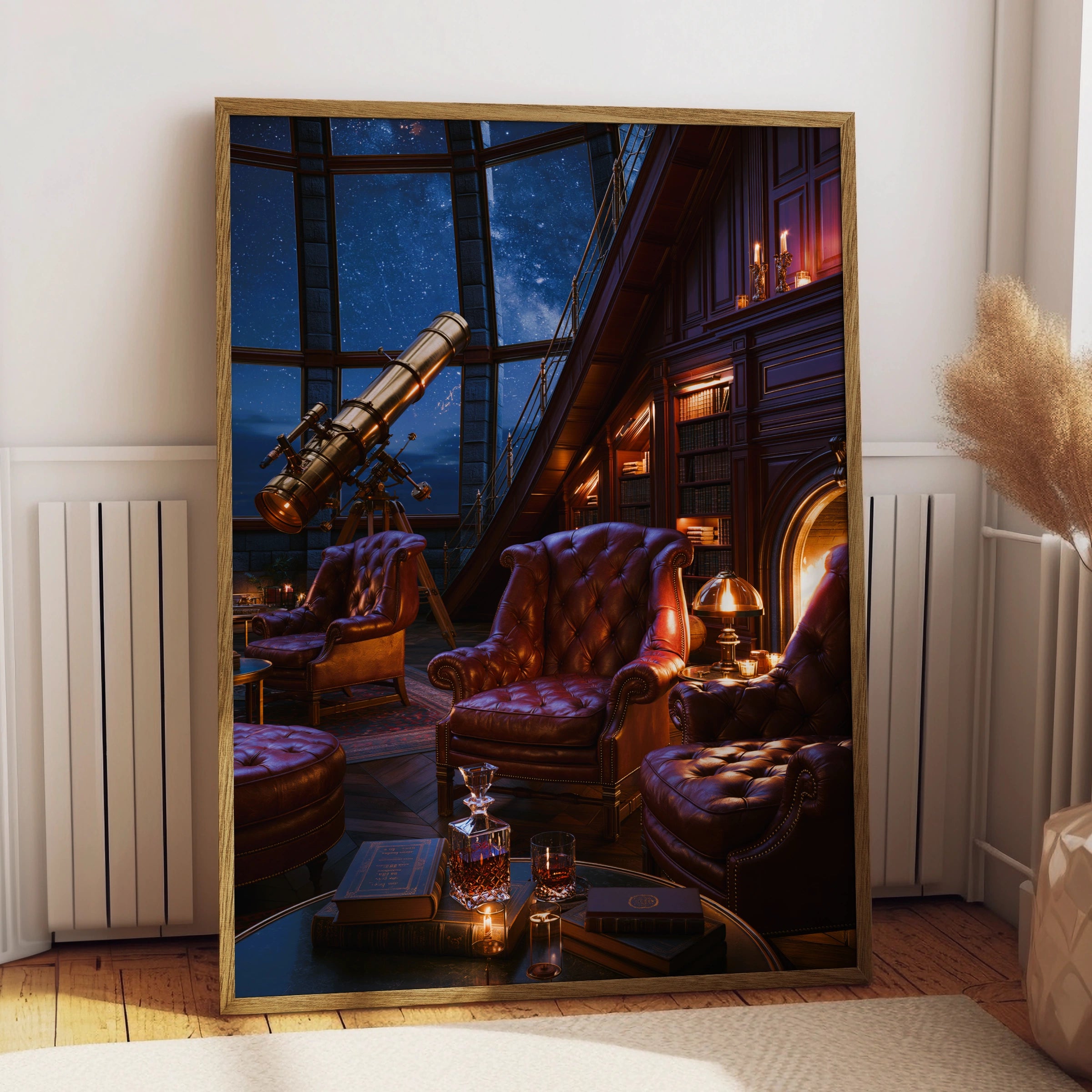 Observatory Armchair Night Sky Poster, Telescope Library Wall Art, Vintage Aesthetic Print