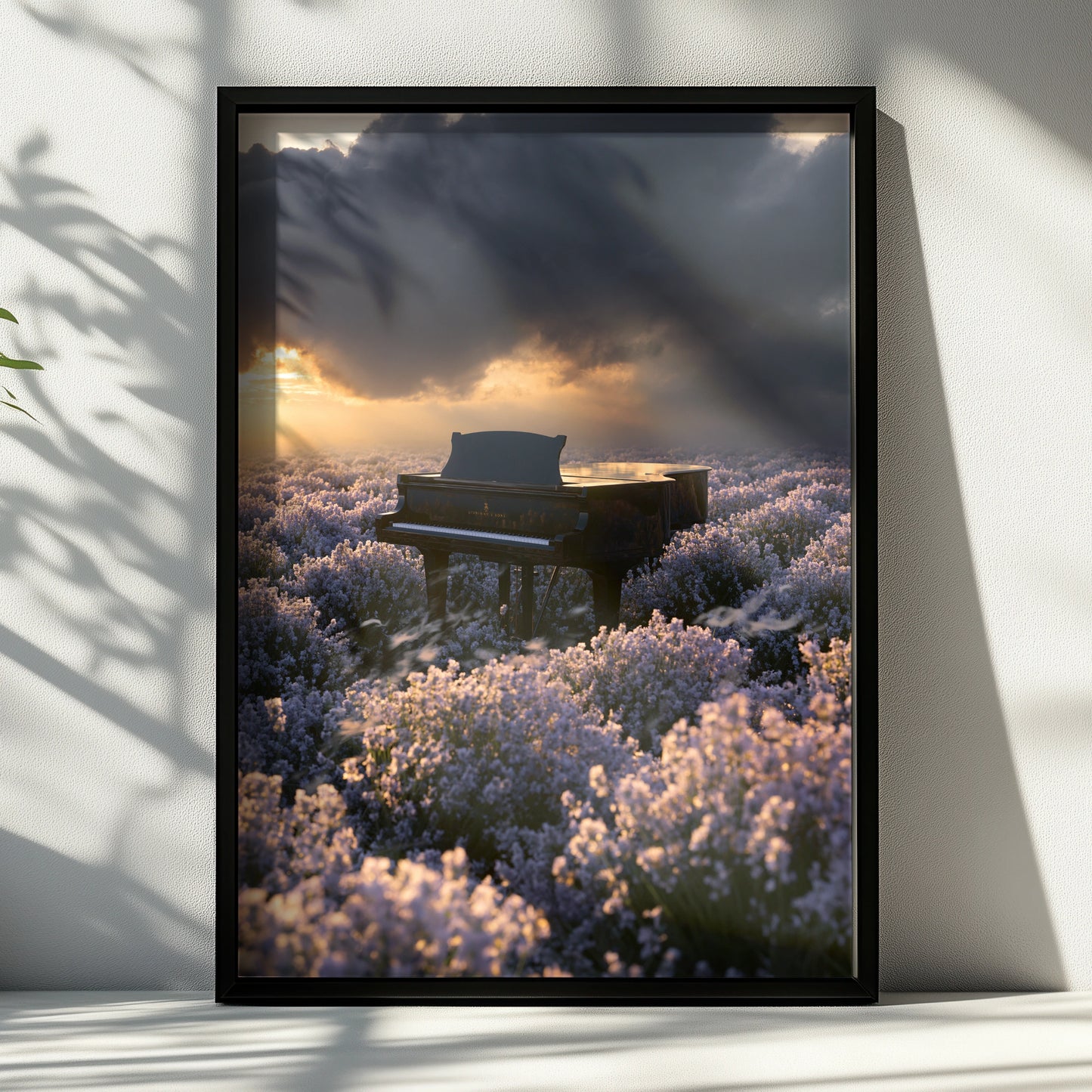 Piano in Lavender Field Wall Art Poster, Dramatic Sunset, Moody Floral Print