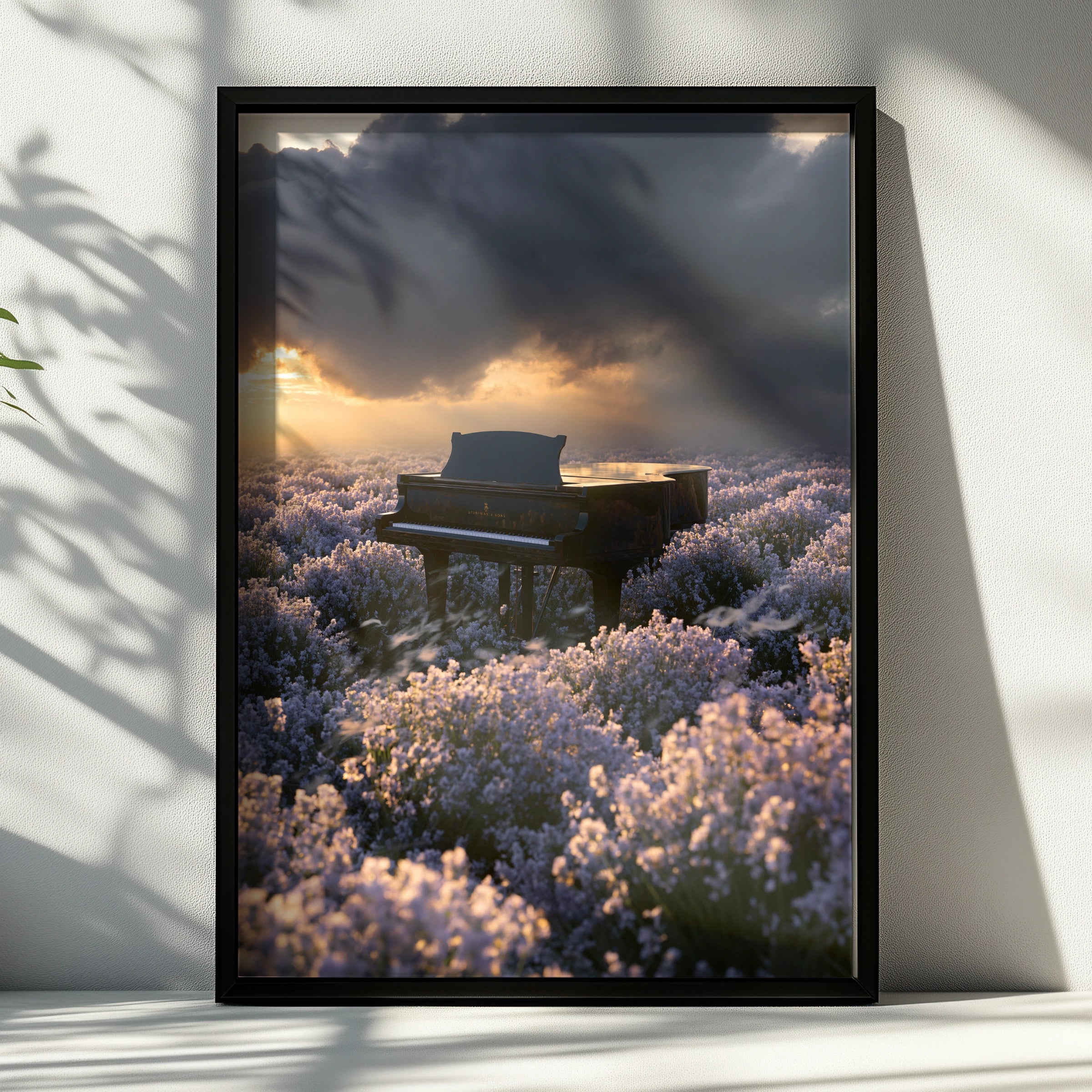 Piano in Lavender Field Wall Art Poster, Dramatic Sunset, Moody Floral Print