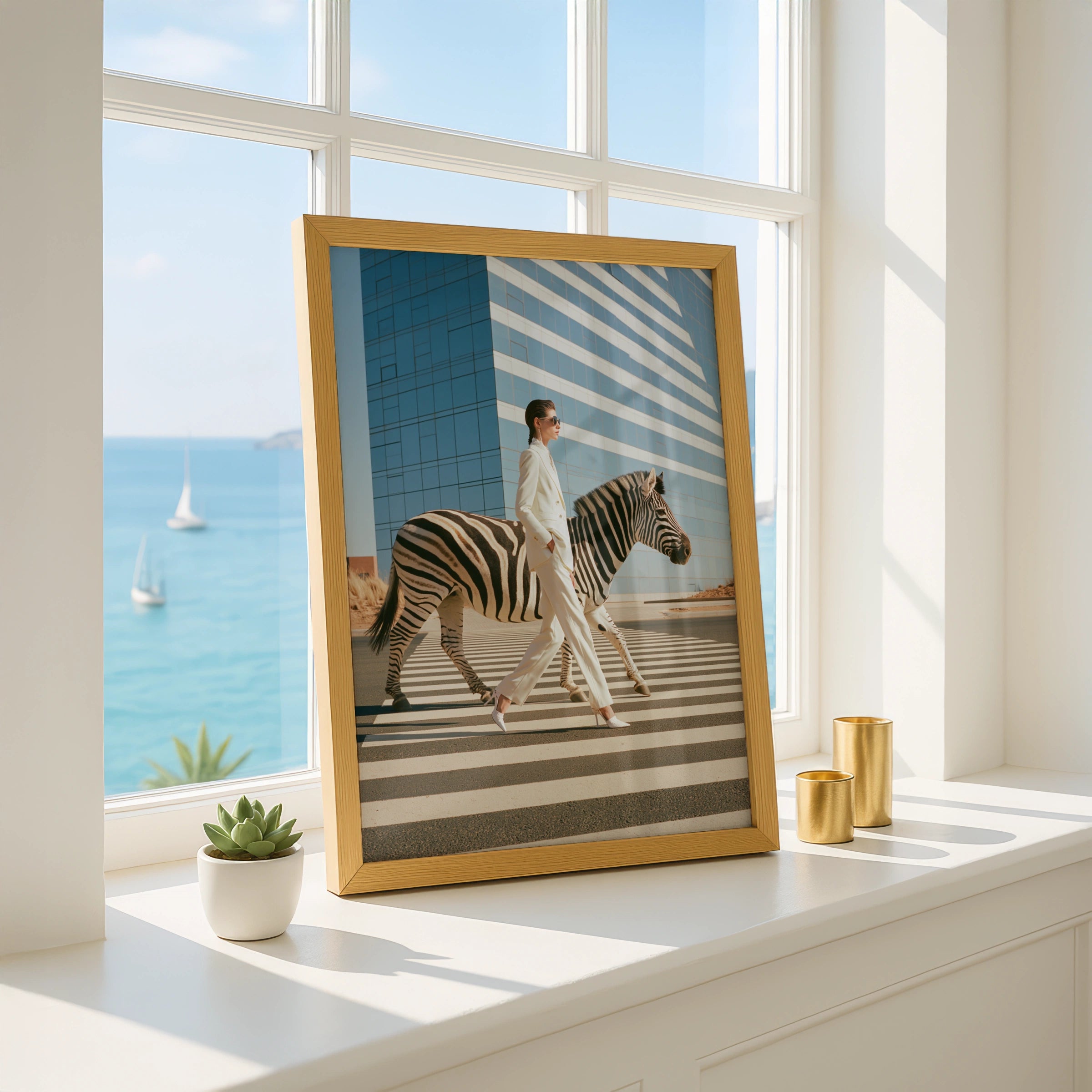 Woman & Zebra Crossing Street, Surreal Fashion Wall Art Poster