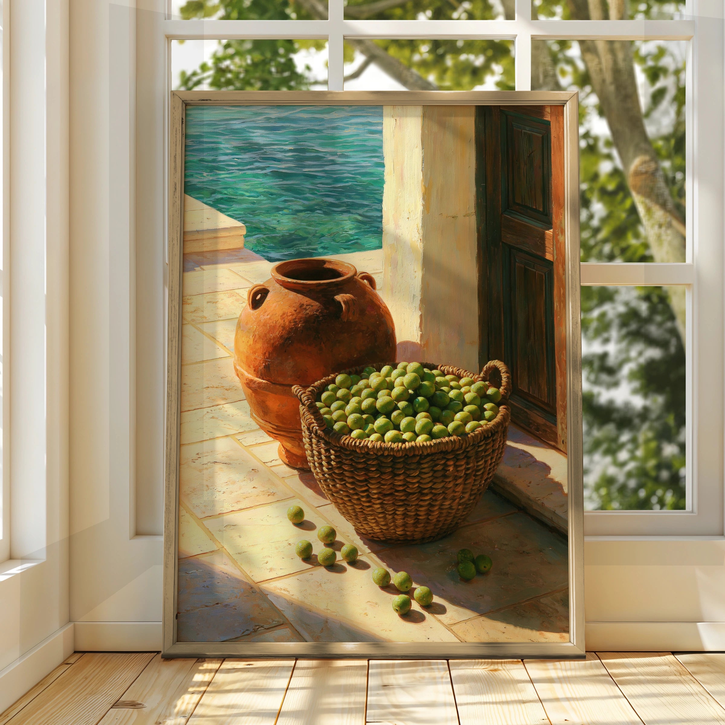 Olive Basket Mediterranean Wall Art Poster, Still Life Oil Painting Print