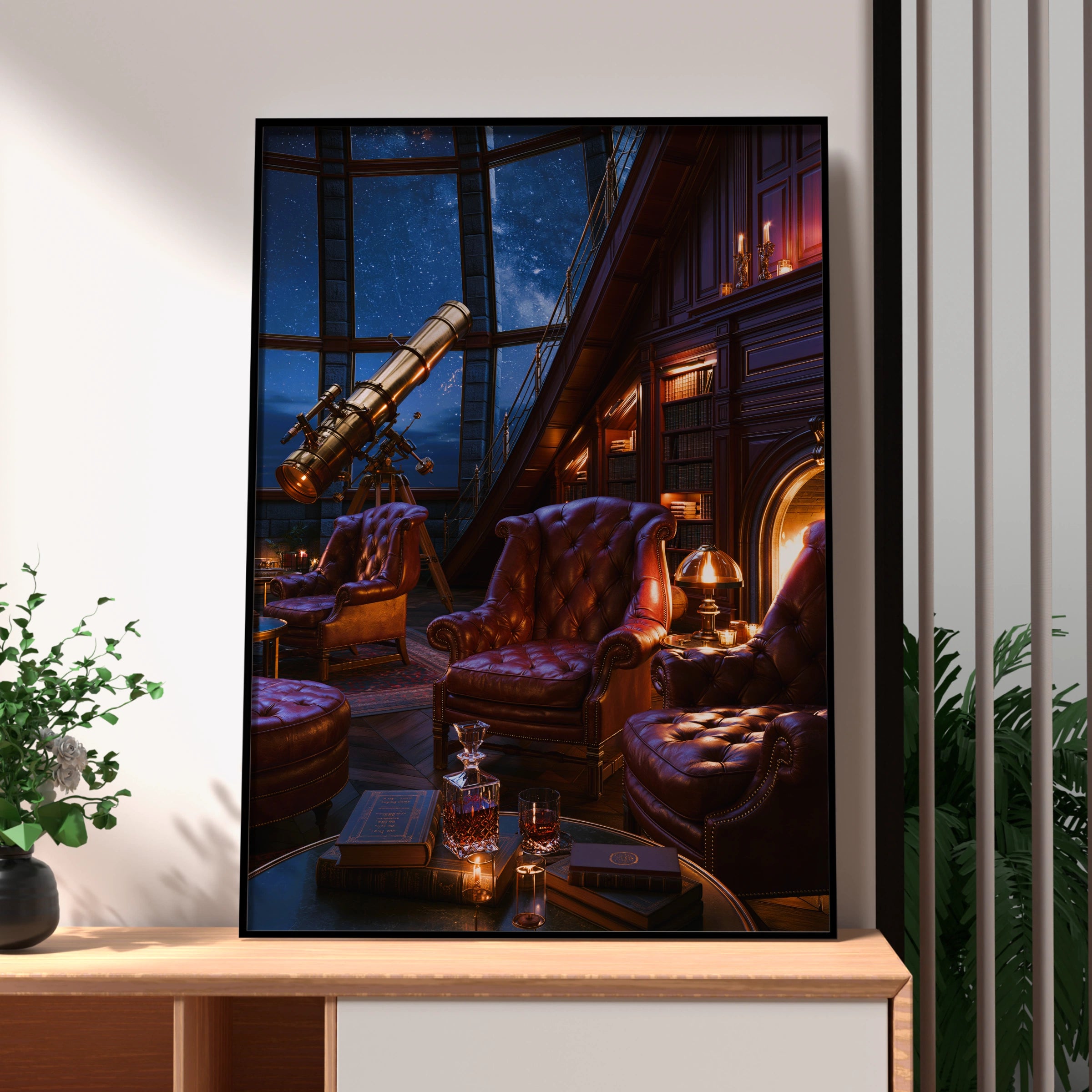 Observatory Armchair Night Sky Poster, Telescope Library Wall Art, Vintage Aesthetic Print