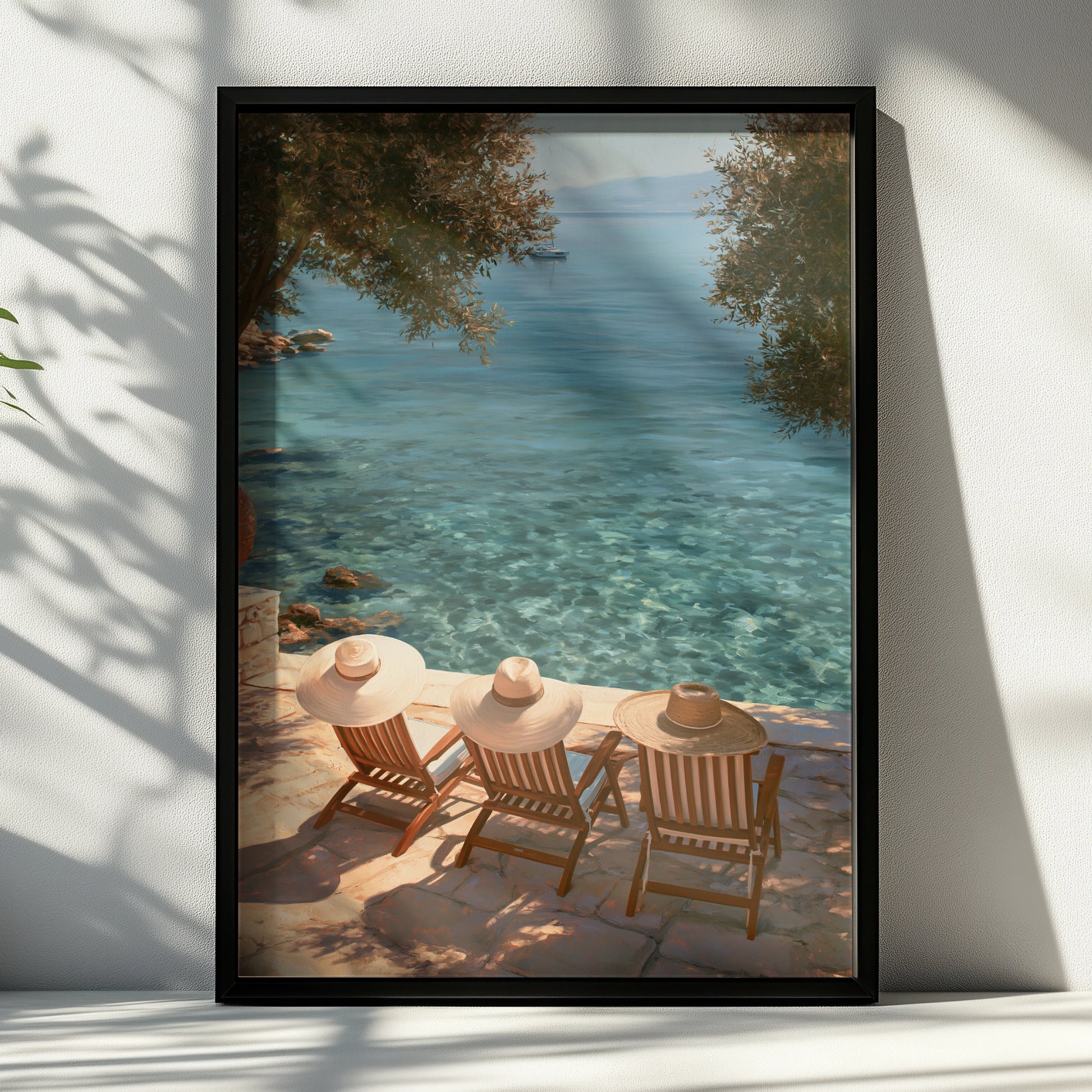 Straw Hats Beach Poster, Mediterranean Terrace Print, Summer Coastal Wall Art