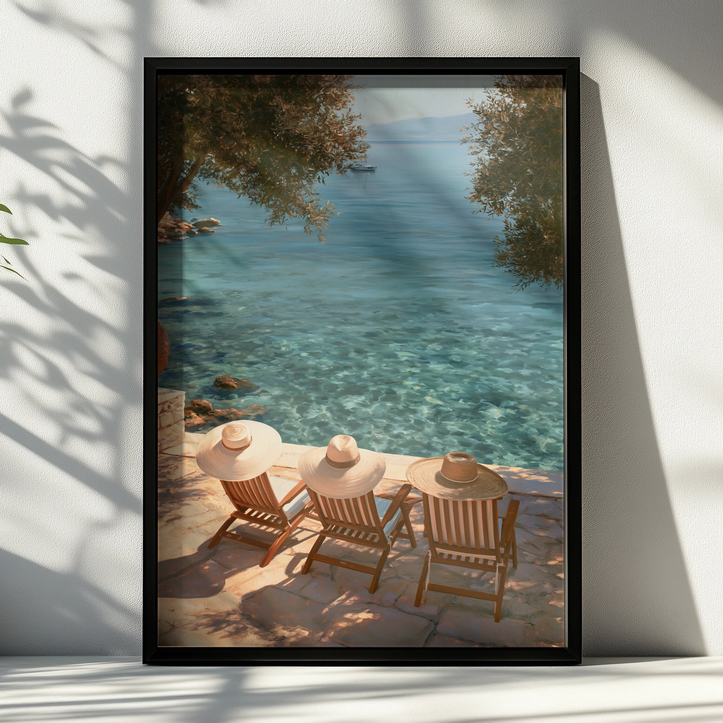 Straw Hats Beach Poster, Mediterranean Terrace Print, Summer Coastal Wall Art