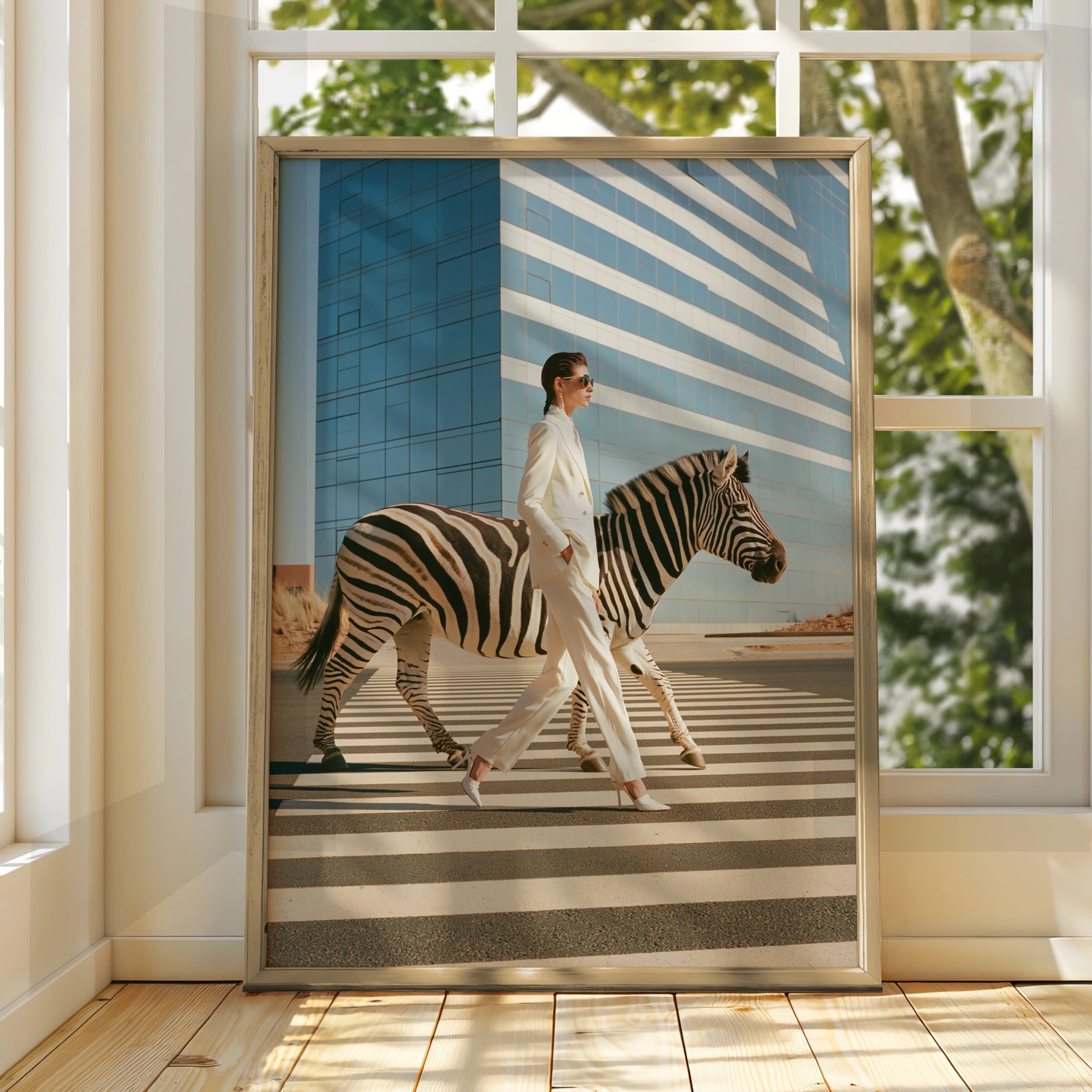 Woman & Zebra Crossing Street, Surreal Fashion Wall Art Poster