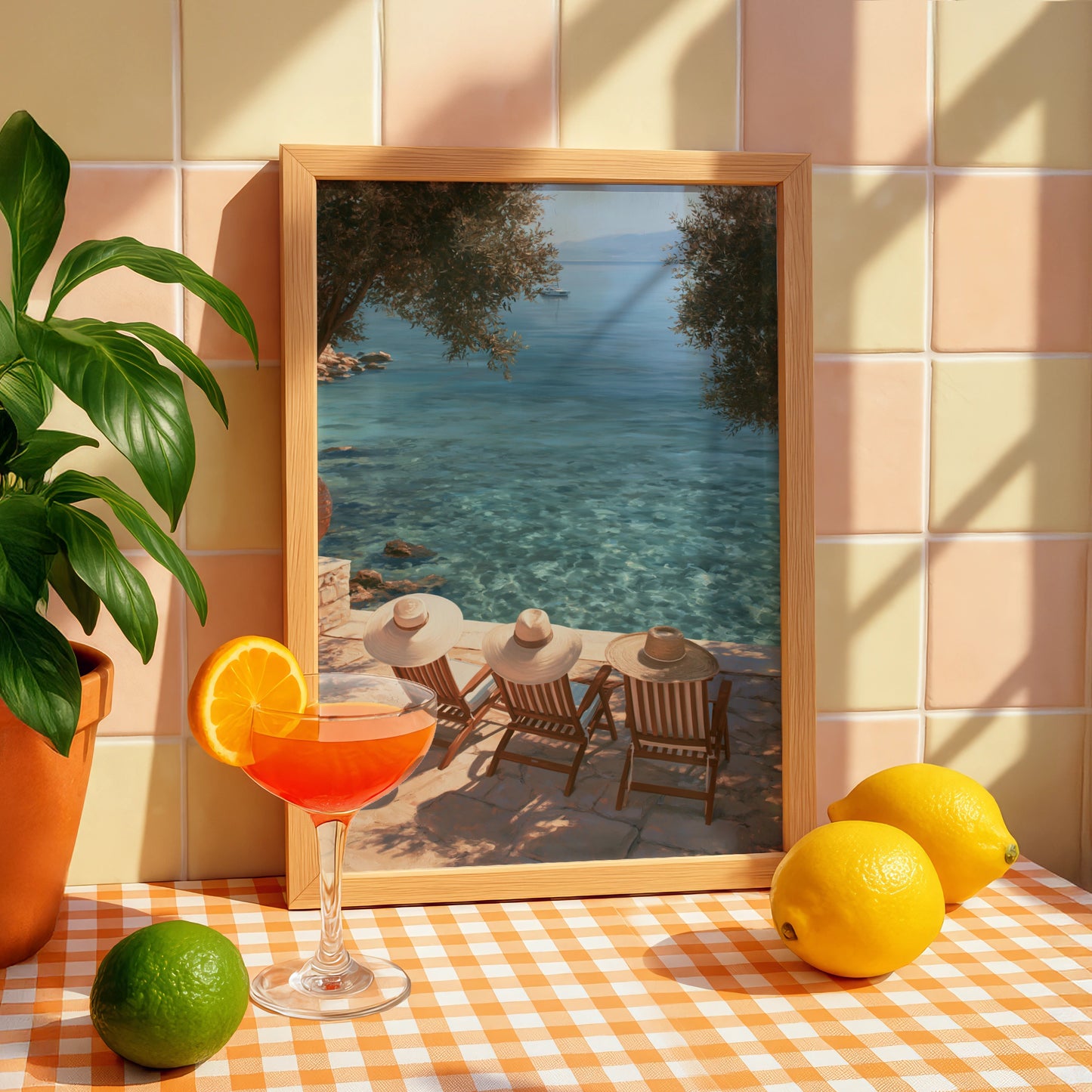 Straw Hats Beach Poster, Mediterranean Terrace Print, Summer Coastal Wall Art
