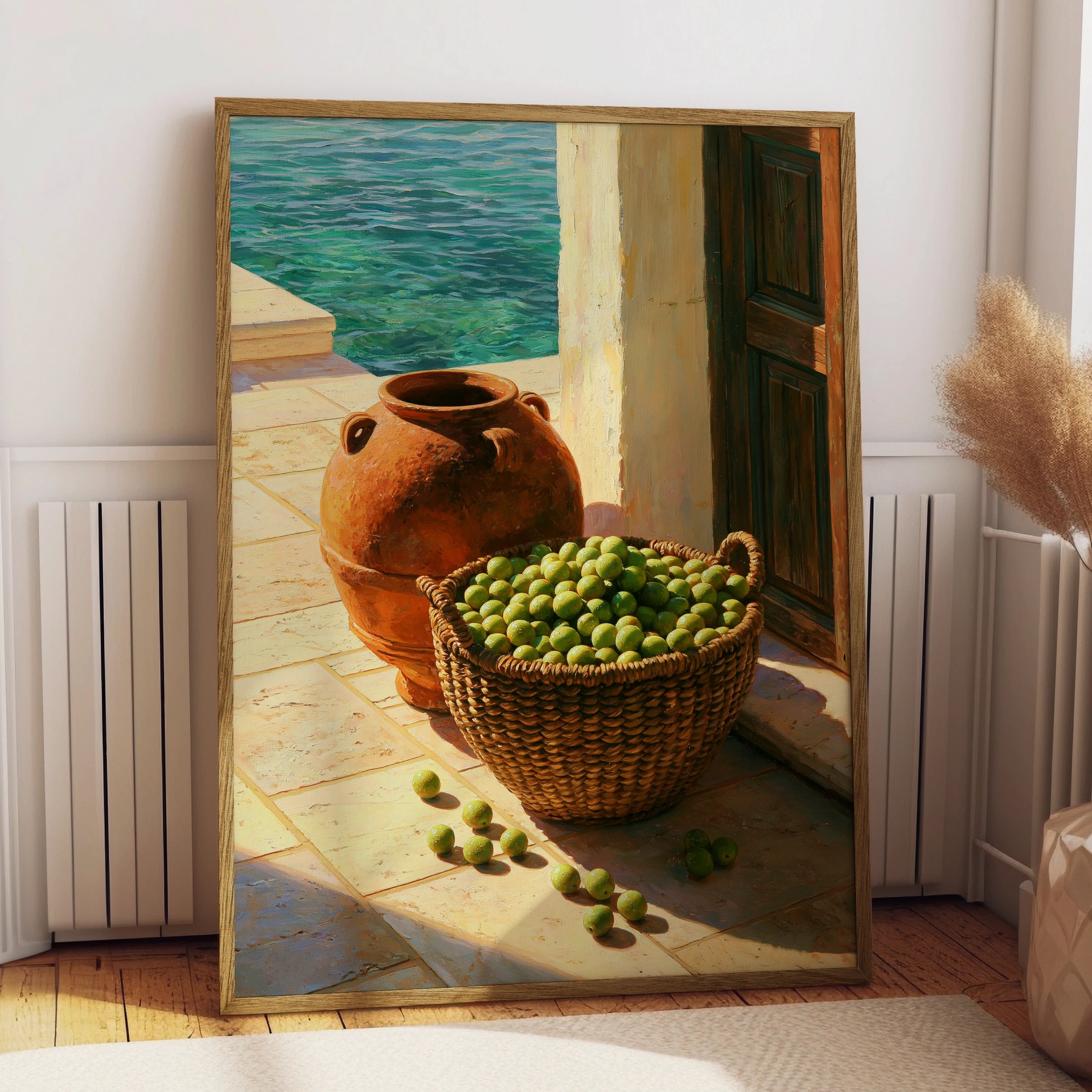 Olive Basket Mediterranean Wall Art Poster, Still Life Oil Painting Print