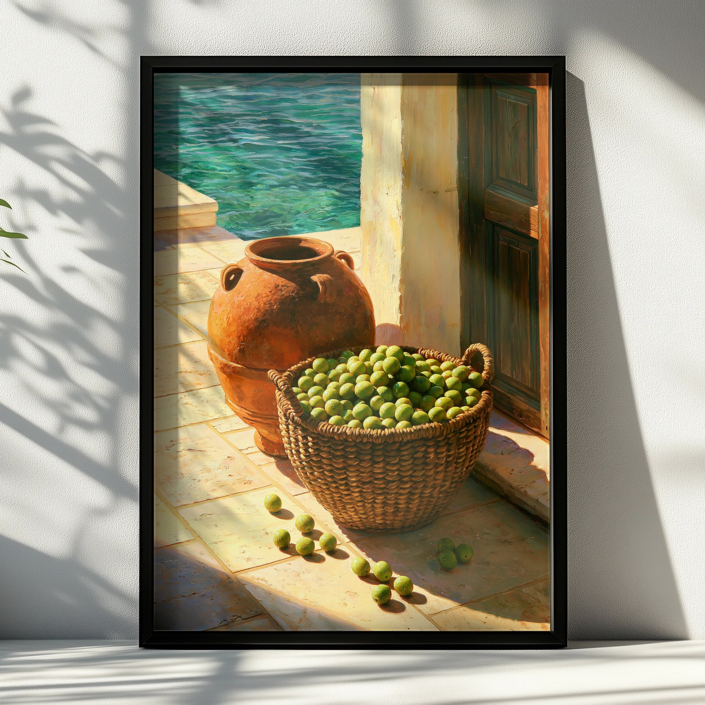 Olive Basket Mediterranean Wall Art Poster, Still Life Oil Painting Print