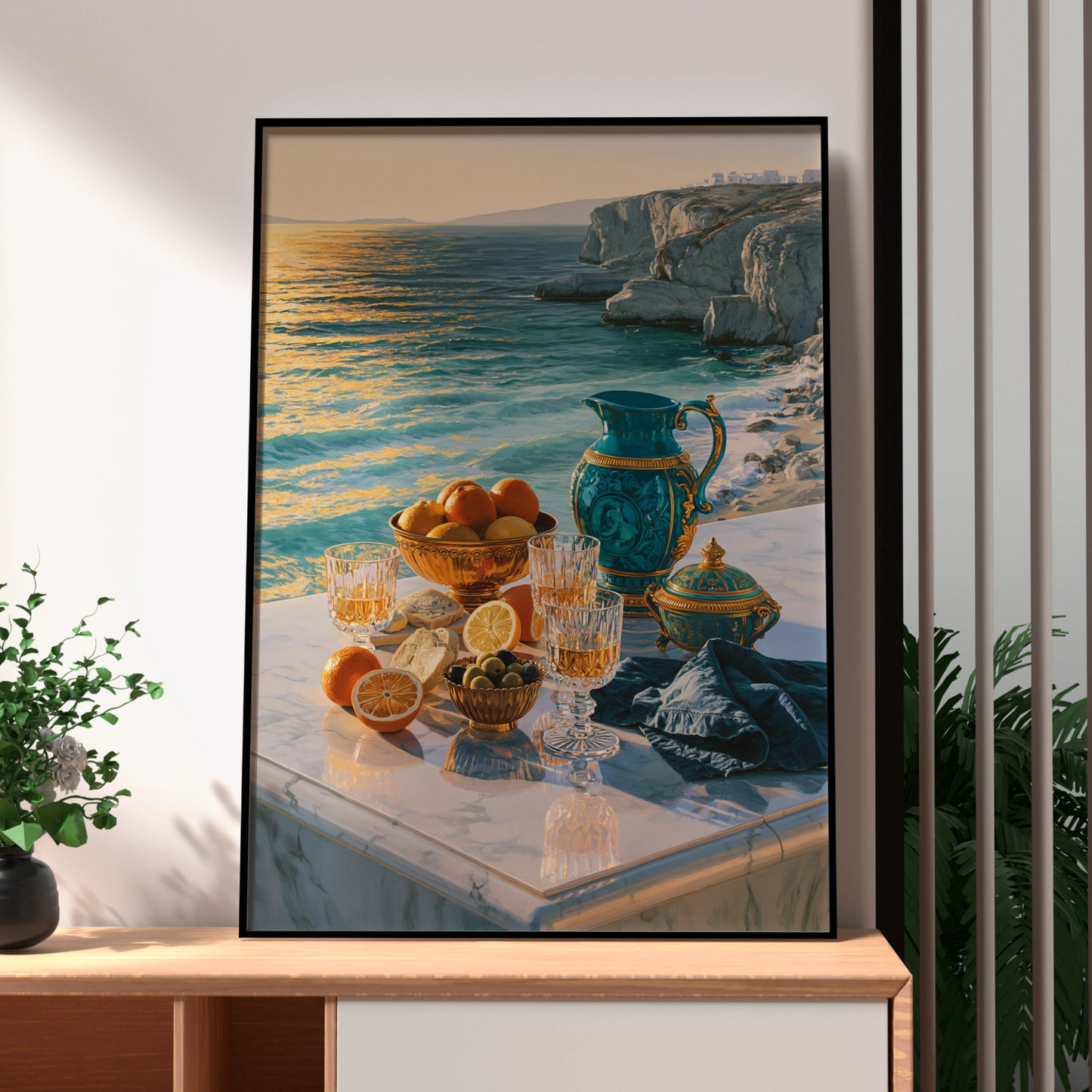 Greek Sea Breakfast Still Life Poster, Mediterranean Marble Terrace Wall Art