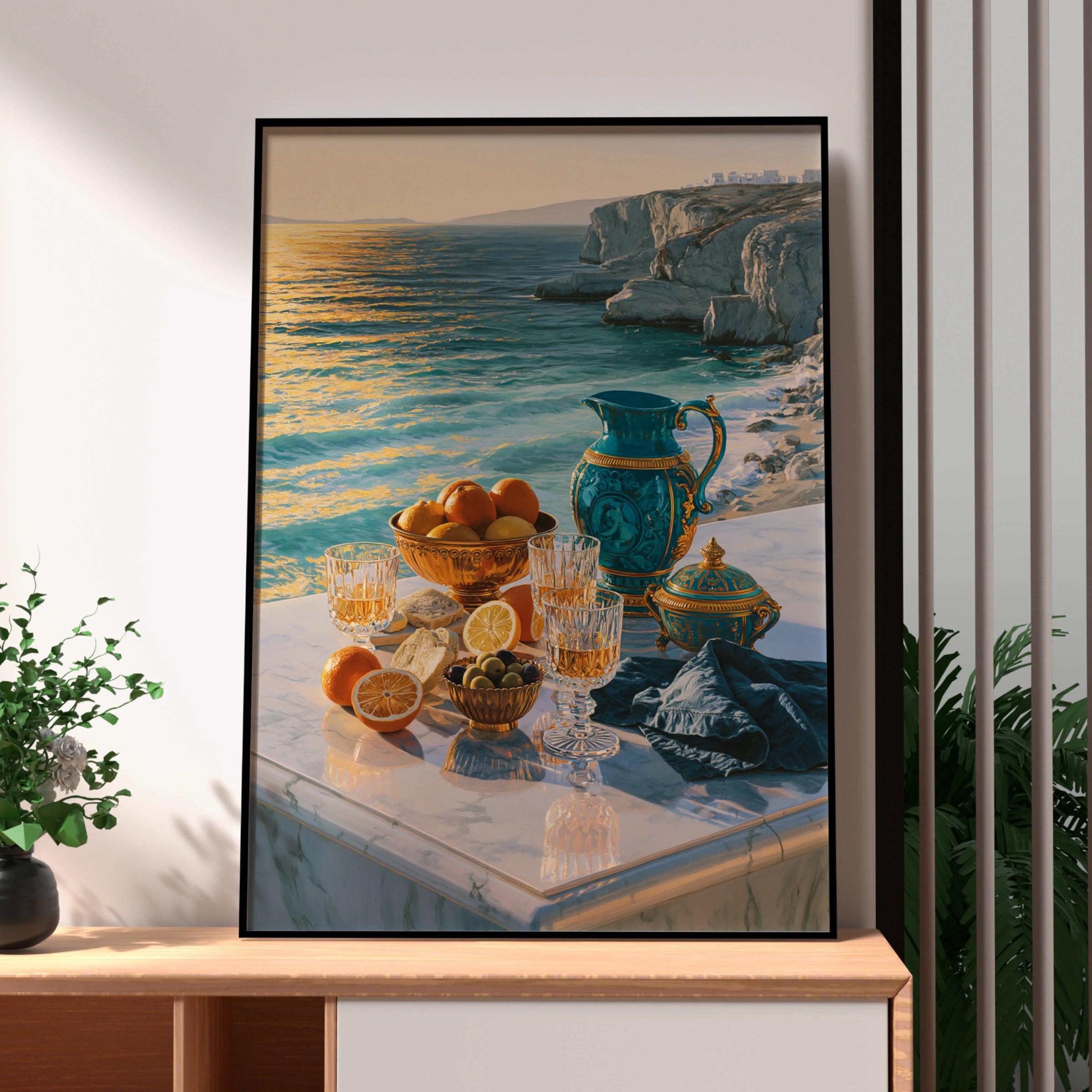 Greek Sea Breakfast Still Life Poster, Mediterranean Marble Terrace Wall Art