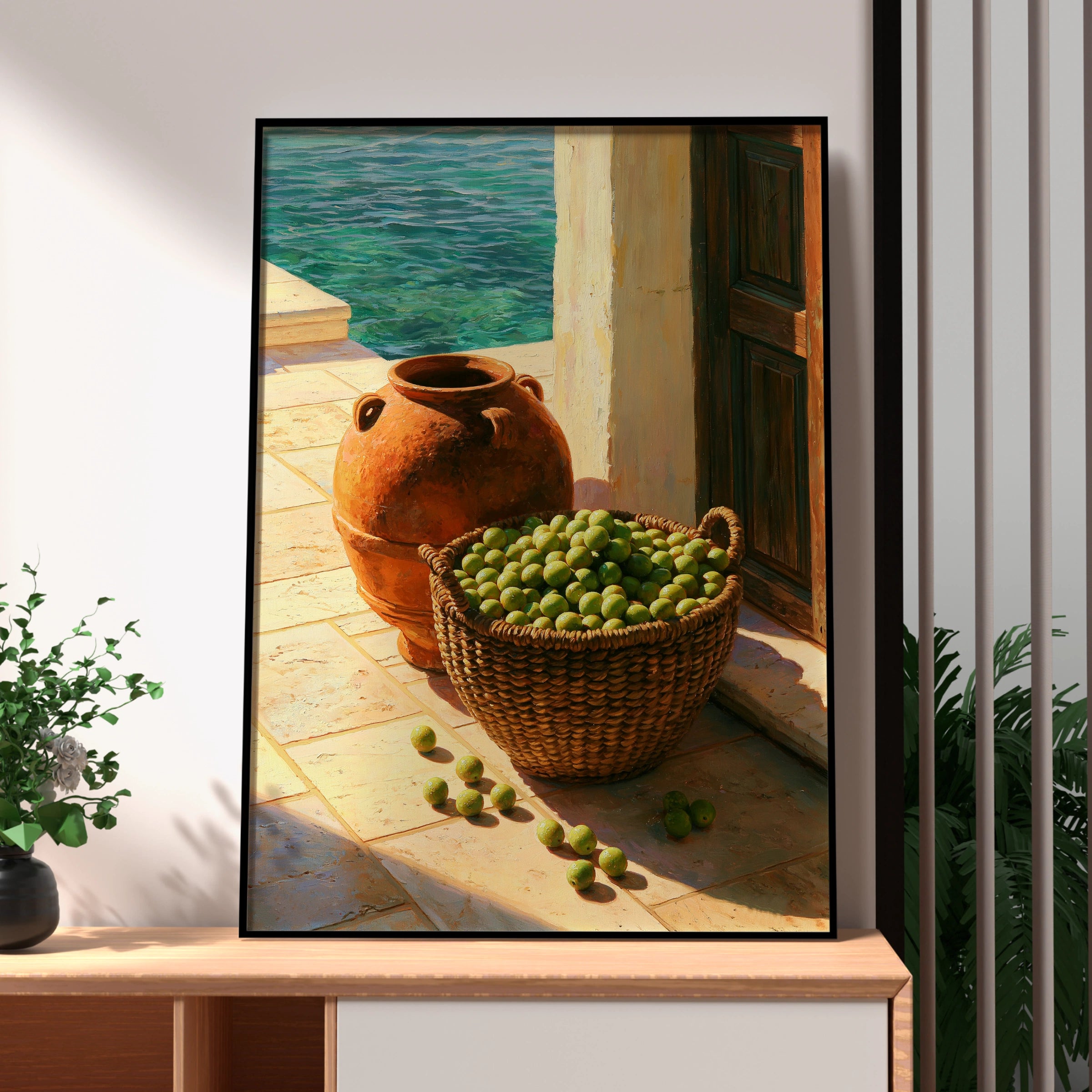 Olive Basket Mediterranean Wall Art Poster, Still Life Oil Painting Print