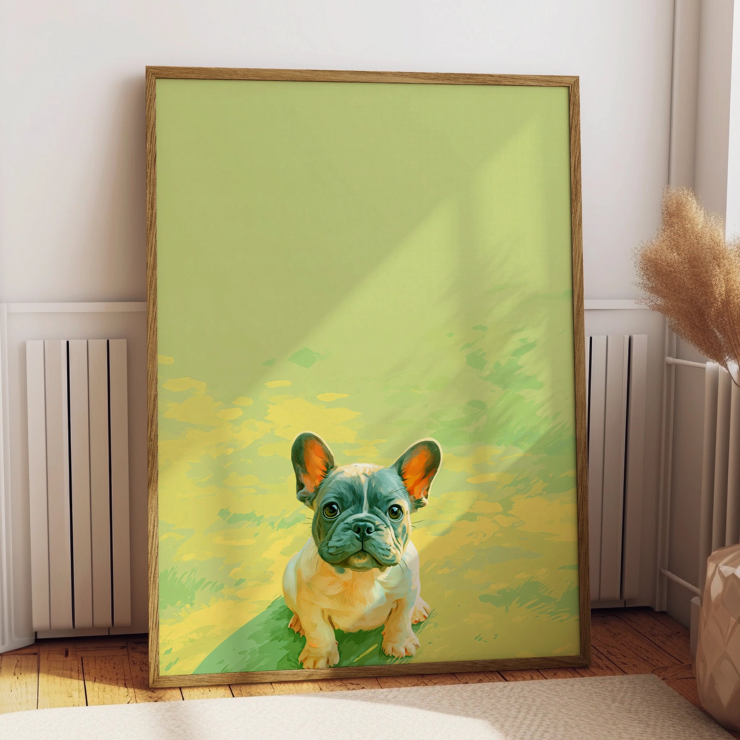 French Bulldog Puppy Poster, Baby Frenchie Wall Art, Green Minimalist Print