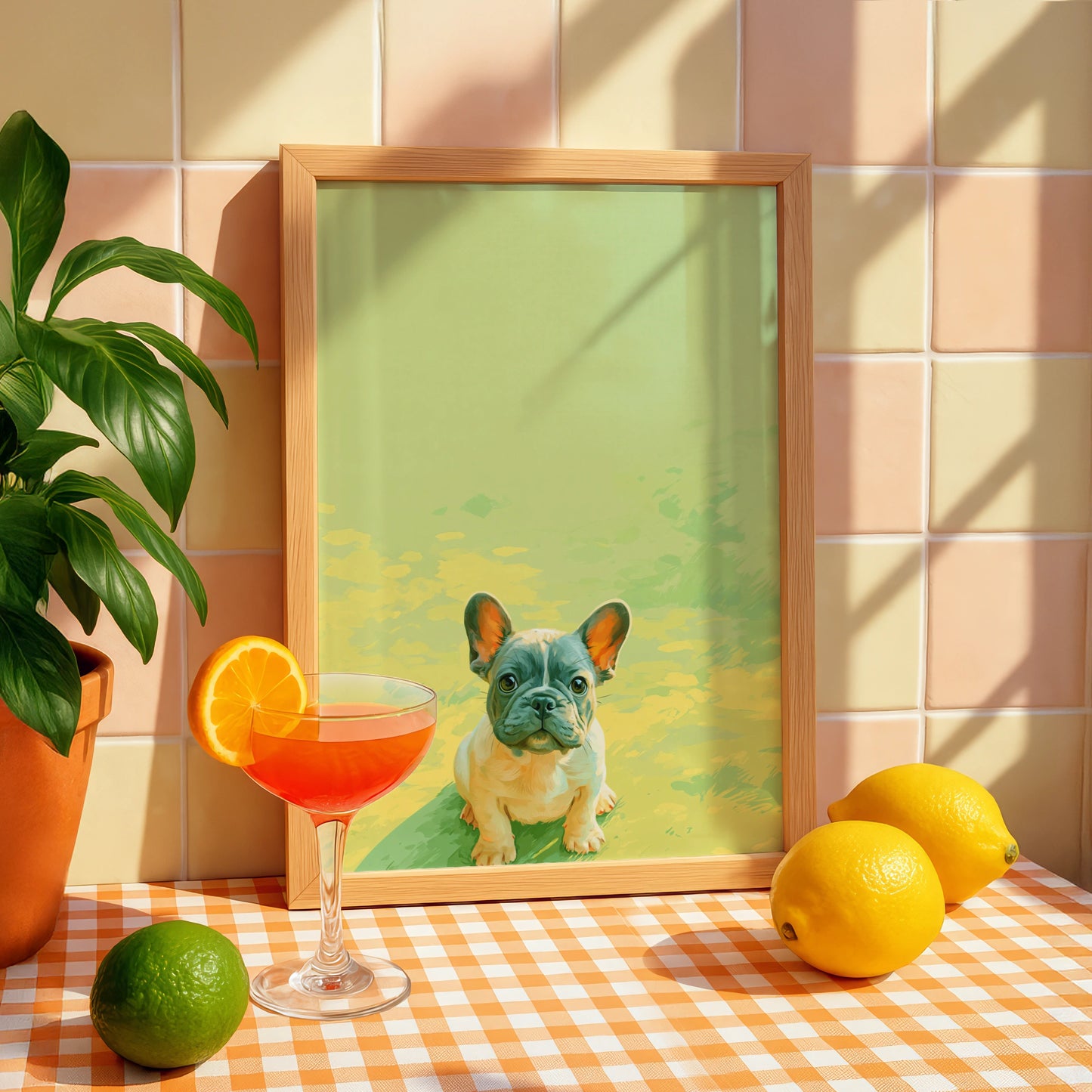 French Bulldog Puppy Poster, Baby Frenchie Wall Art, Green Minimalist Print