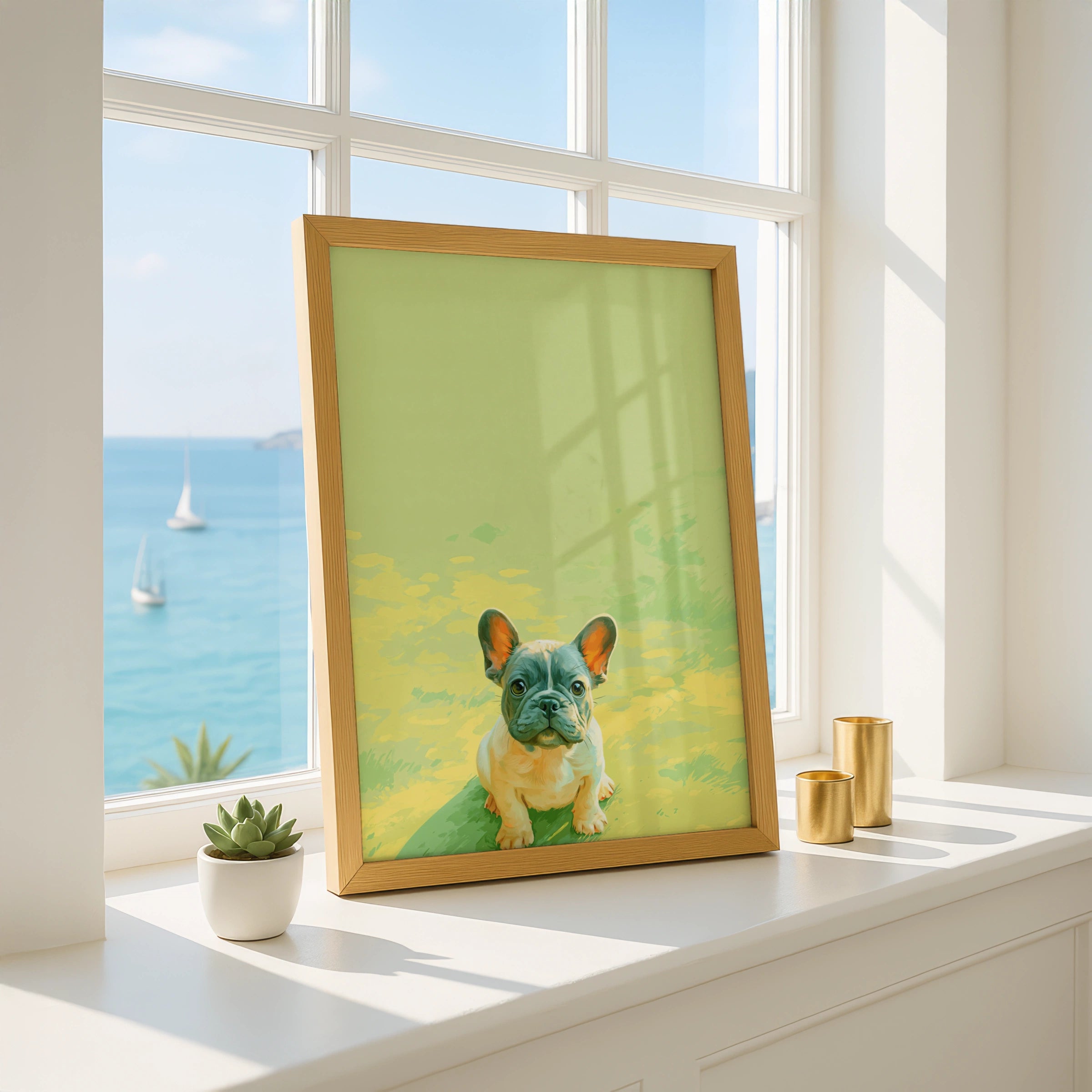 French Bulldog Puppy Poster, Baby Frenchie Wall Art, Green Minimalist Print