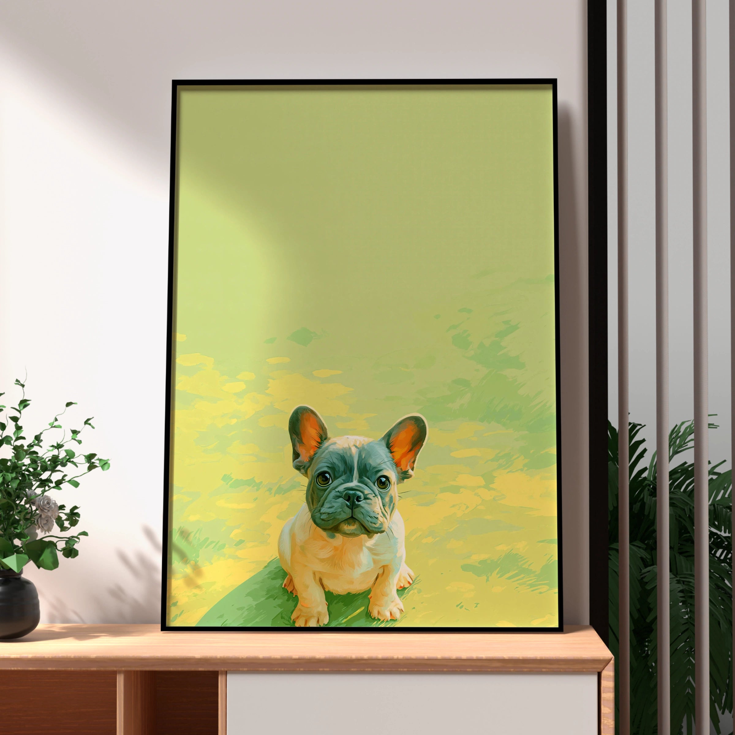 French Bulldog Puppy Poster, Baby Frenchie Wall Art, Green Minimalist Print