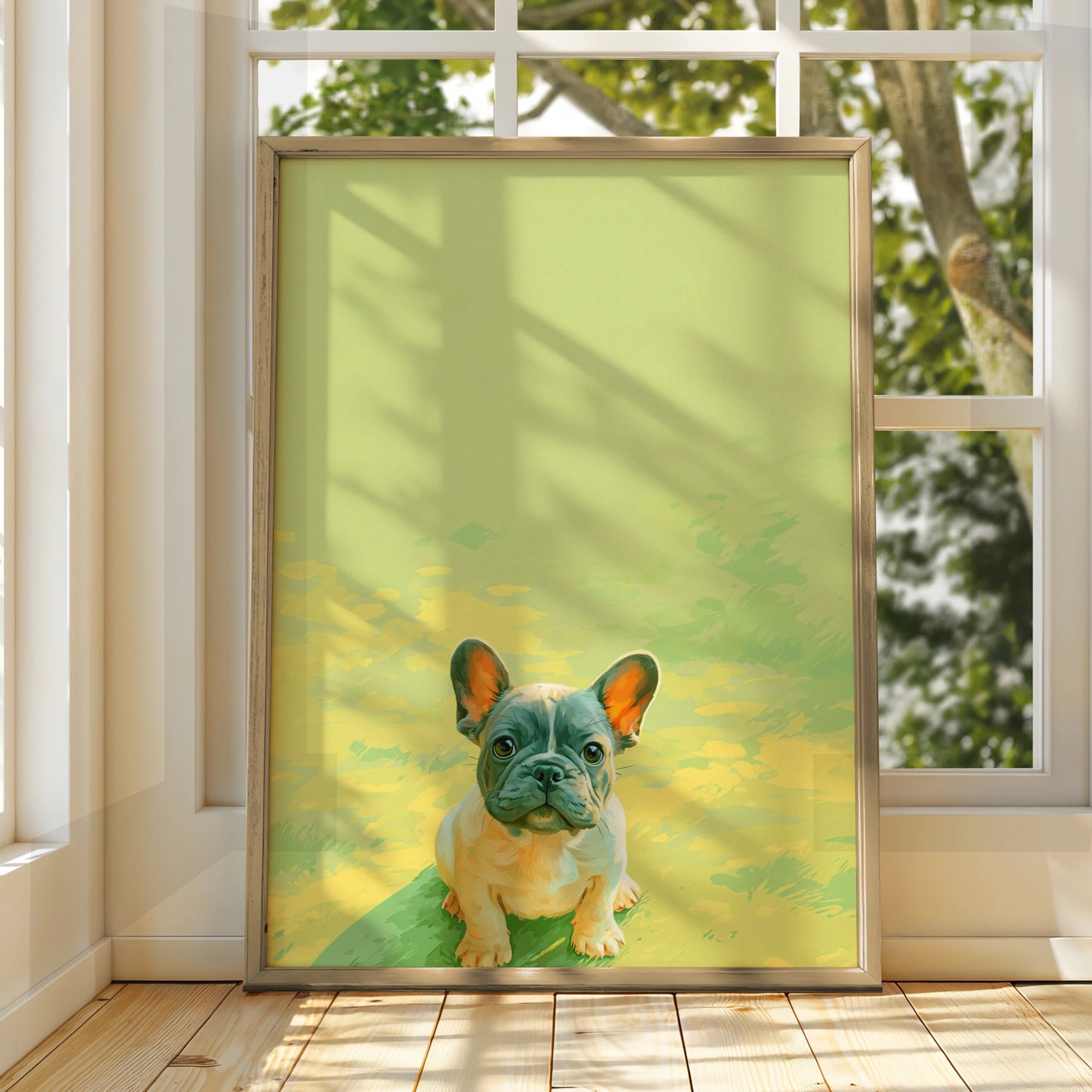 French Bulldog Puppy Poster, Baby Frenchie Wall Art, Green Minimalist Print