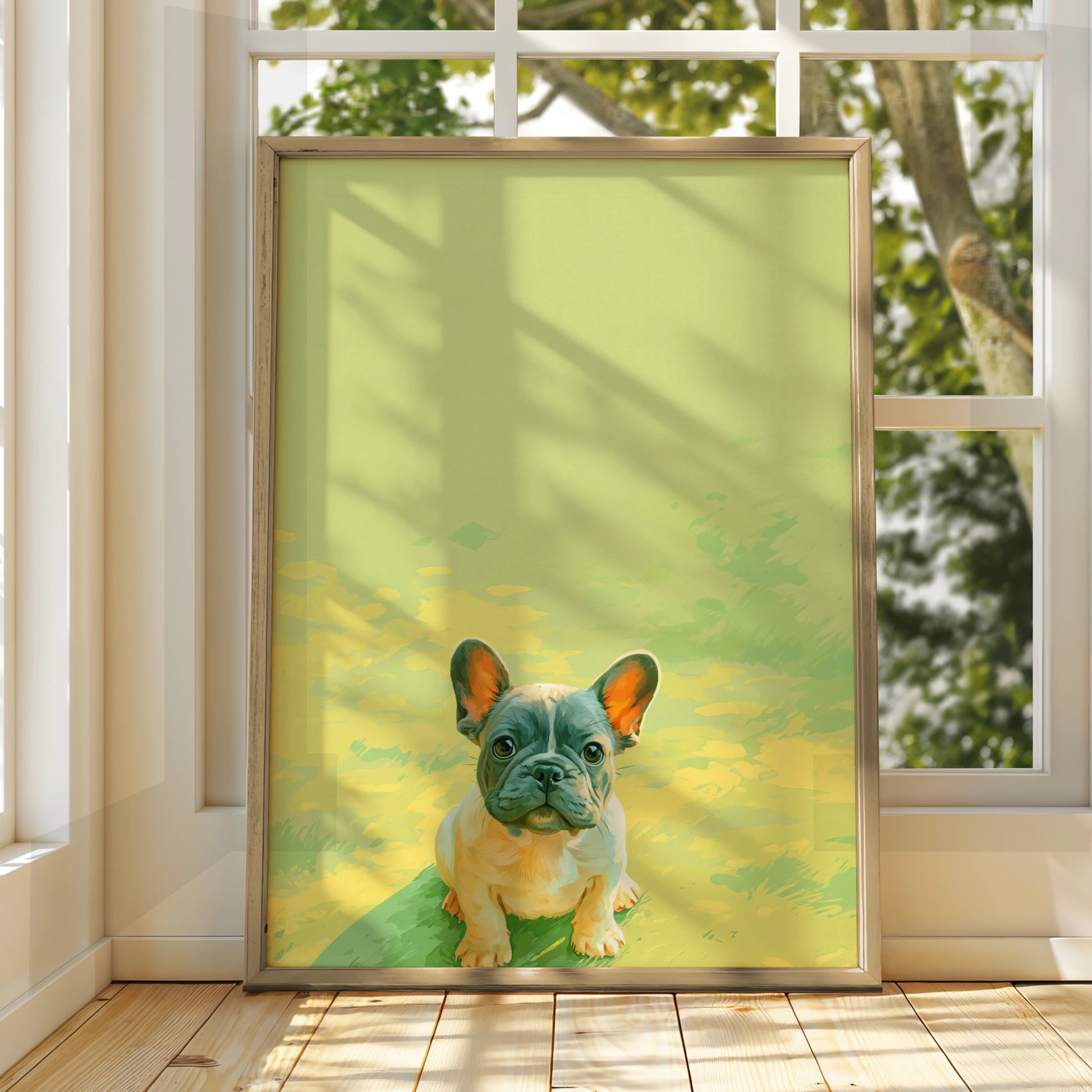 French Bulldog Puppy Poster, Baby Frenchie Wall Art, Green Minimalist Print