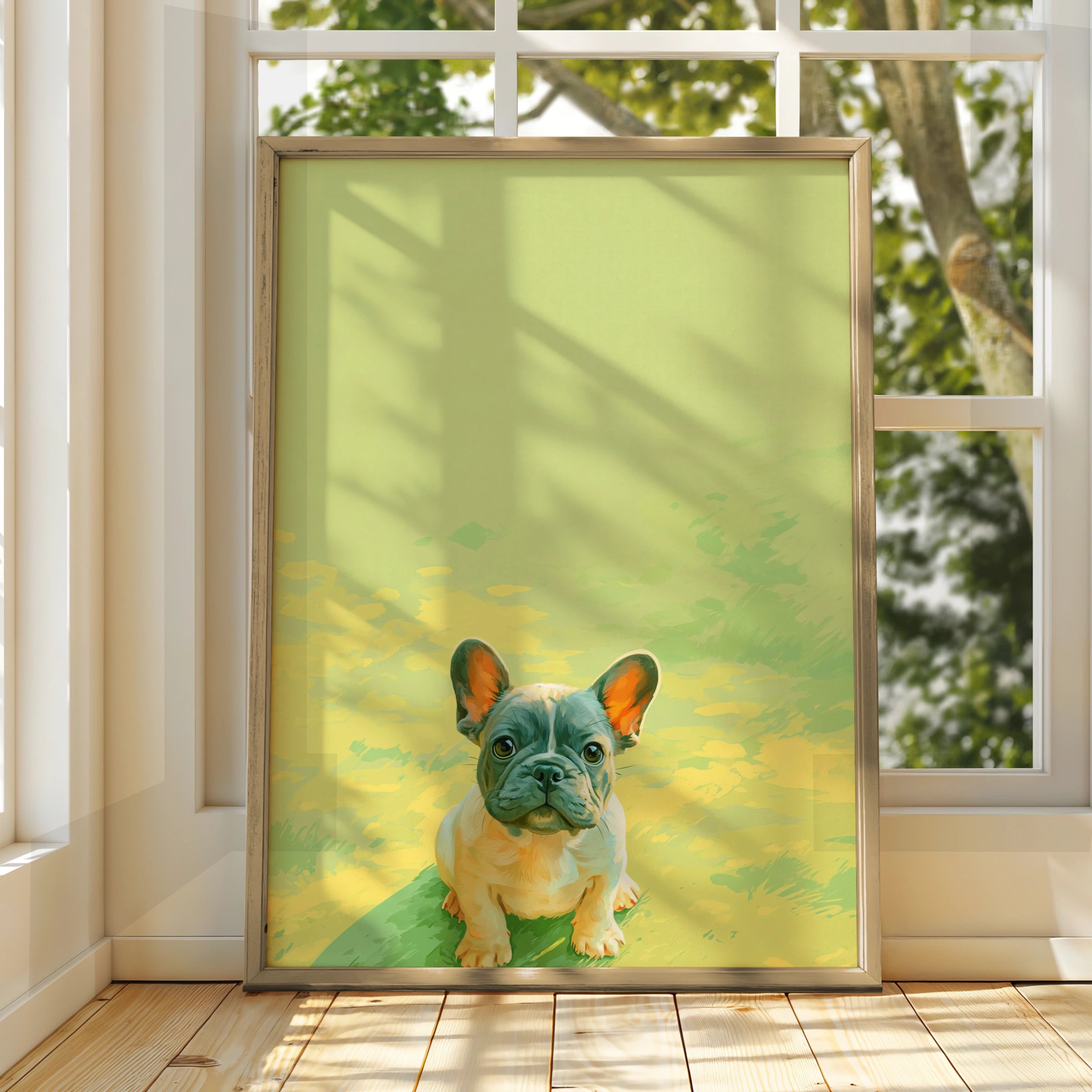 French Bulldog Puppy Poster, Baby Frenchie Wall Art, Green Minimalist Print