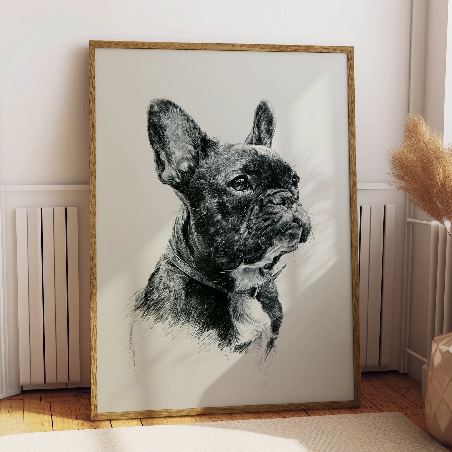 French Bulldog Portrait Poster, Pen Drawing Style, Black White Dog Art Print