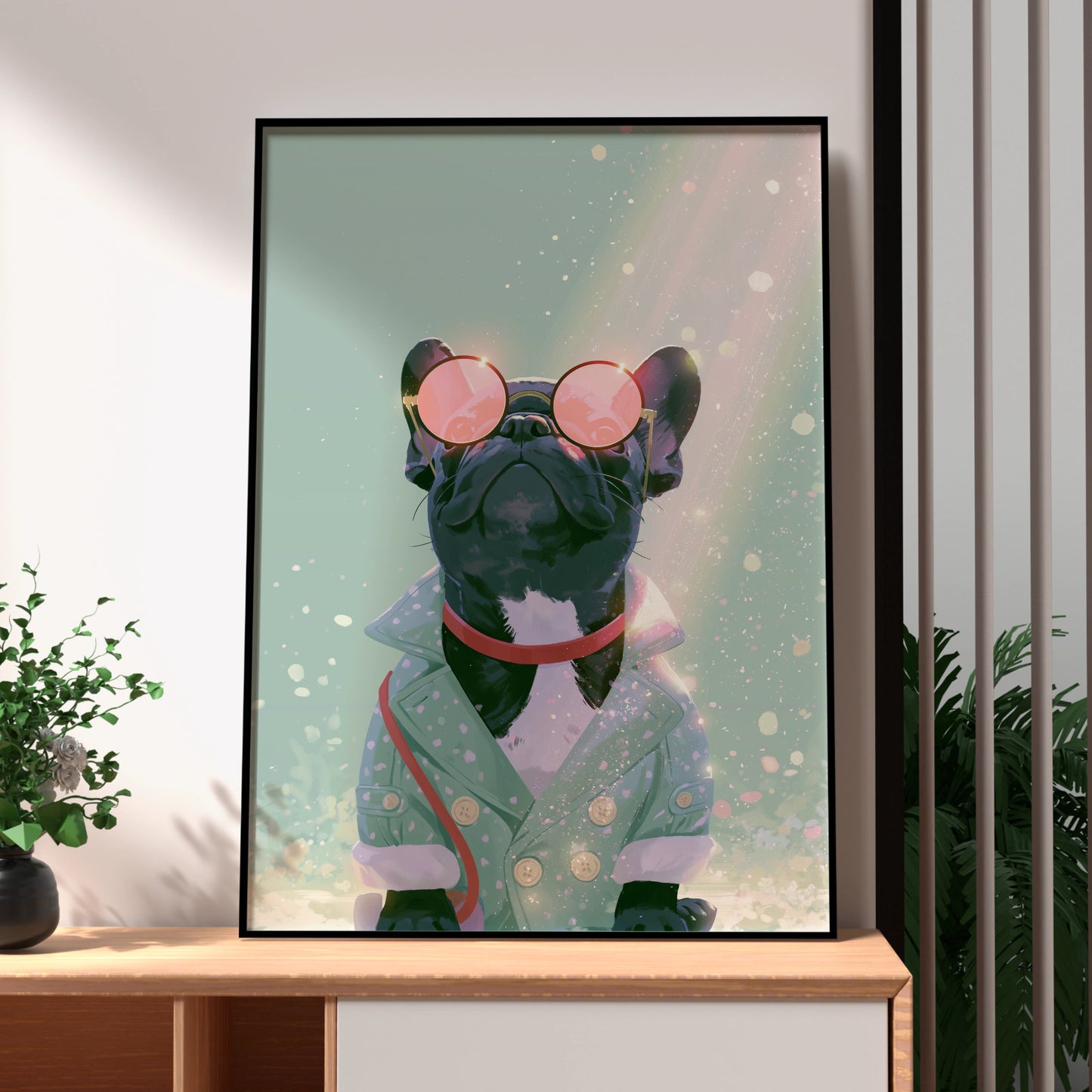 French Bulldog Pink Glasses Wall Art Poster, Stylish Frenchie Print