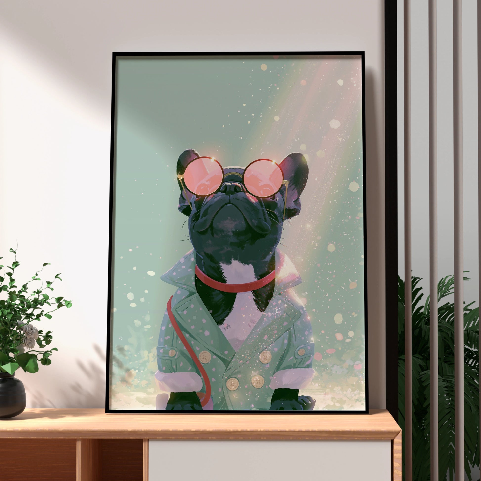 French Bulldog Pink Glasses Wall Art Poster, Stylish Frenchie Print