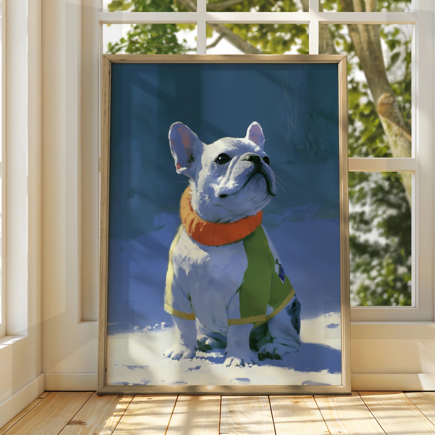 French Bulldog in Snow Wall Art Poster, Winter Dog Print, Illustrated Style