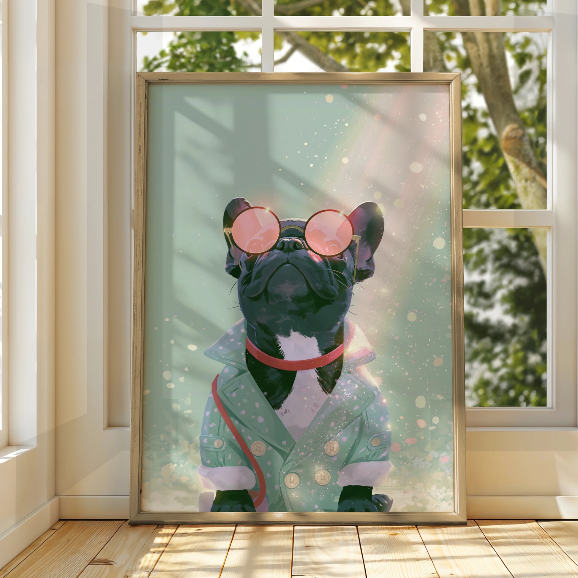 French Bulldog Pink Glasses Wall Art Poster, Stylish Frenchie Print