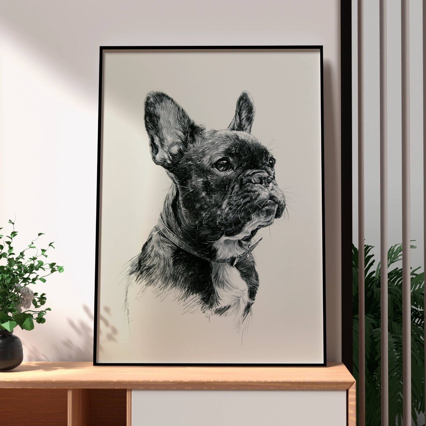 French Bulldog Portrait Poster, Pen Drawing Style, Black White Dog Art Print