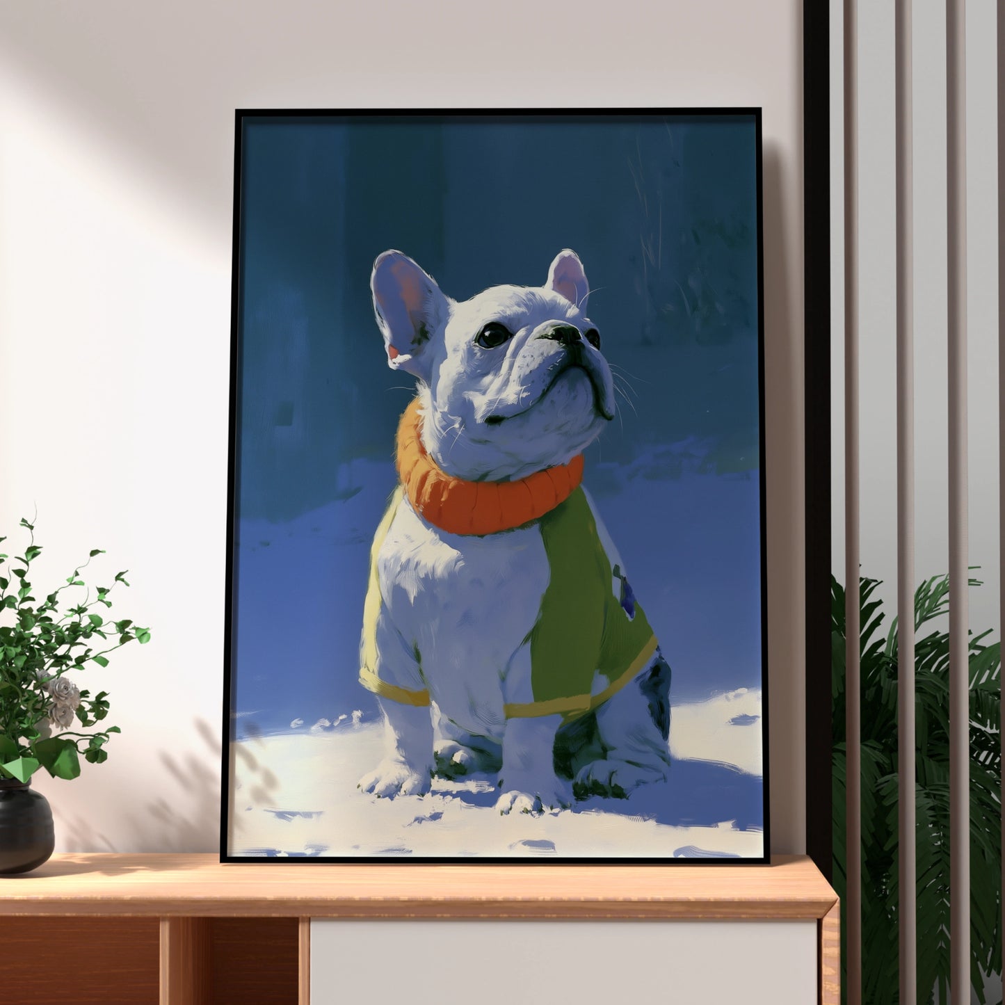 French Bulldog in Snow Wall Art Poster, Winter Dog Print, Illustrated Style