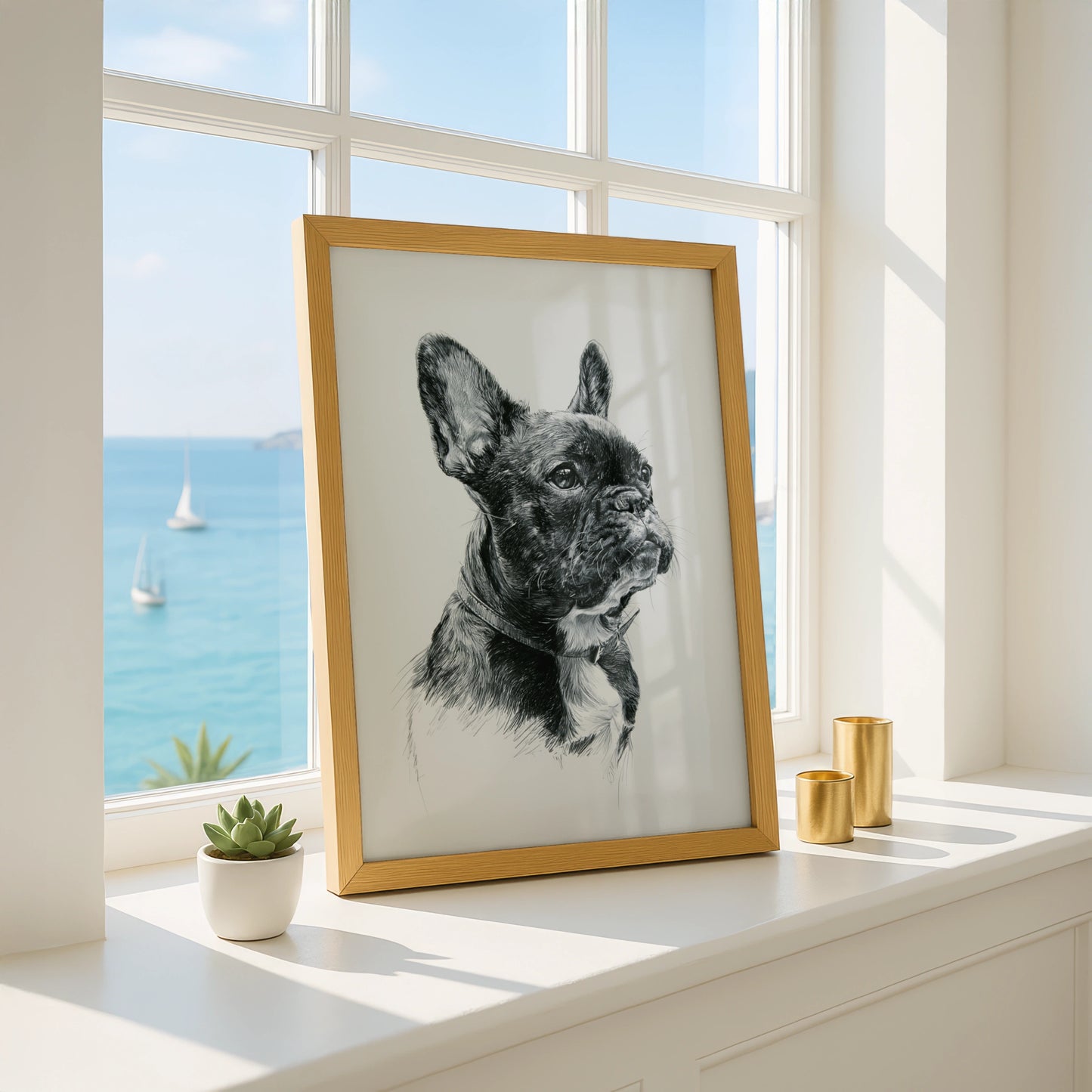 French Bulldog Portrait Poster, Pen Drawing Style, Black White Dog Art Print