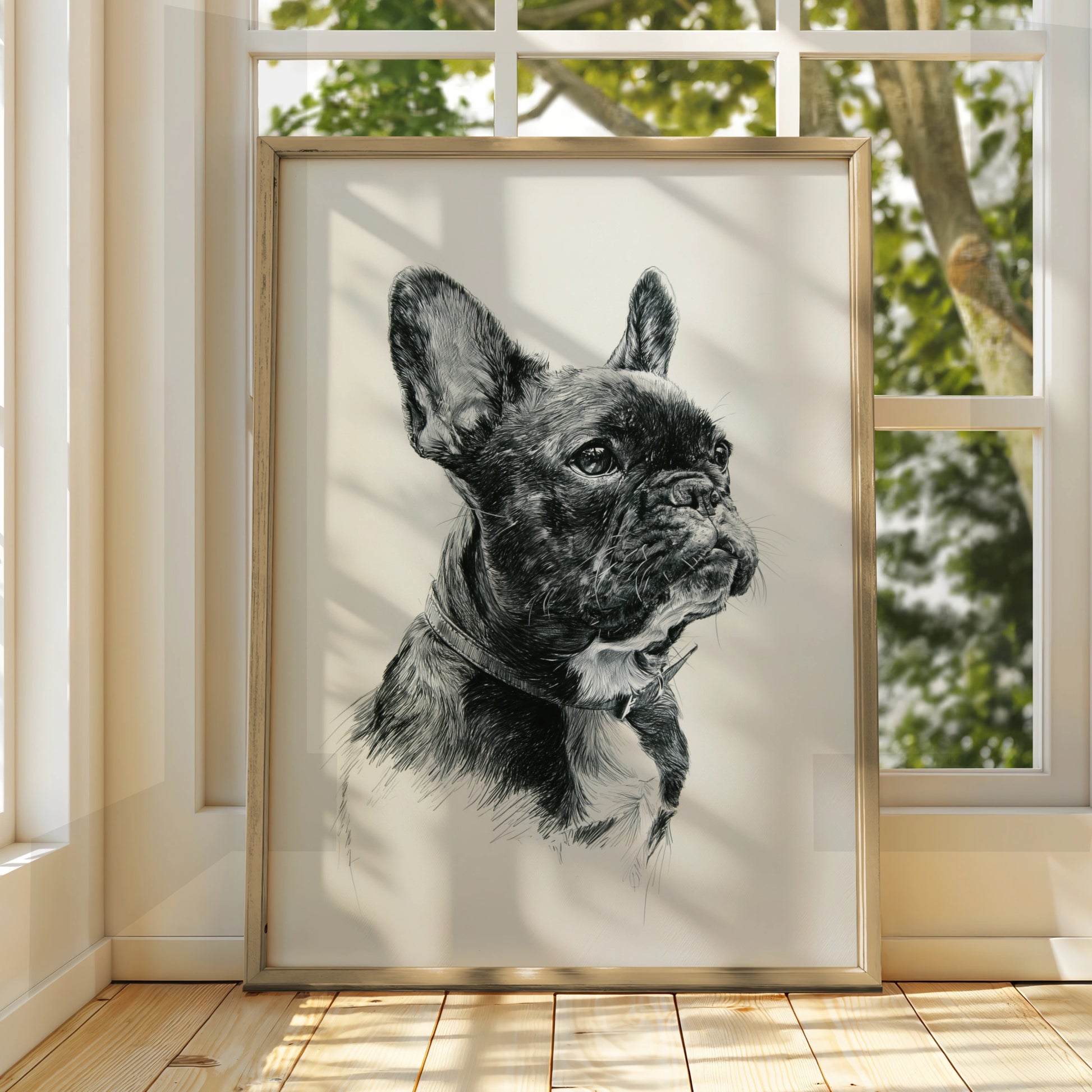 French Bulldog Portrait Poster, Pen Drawing Style, Black White Dog Art Print