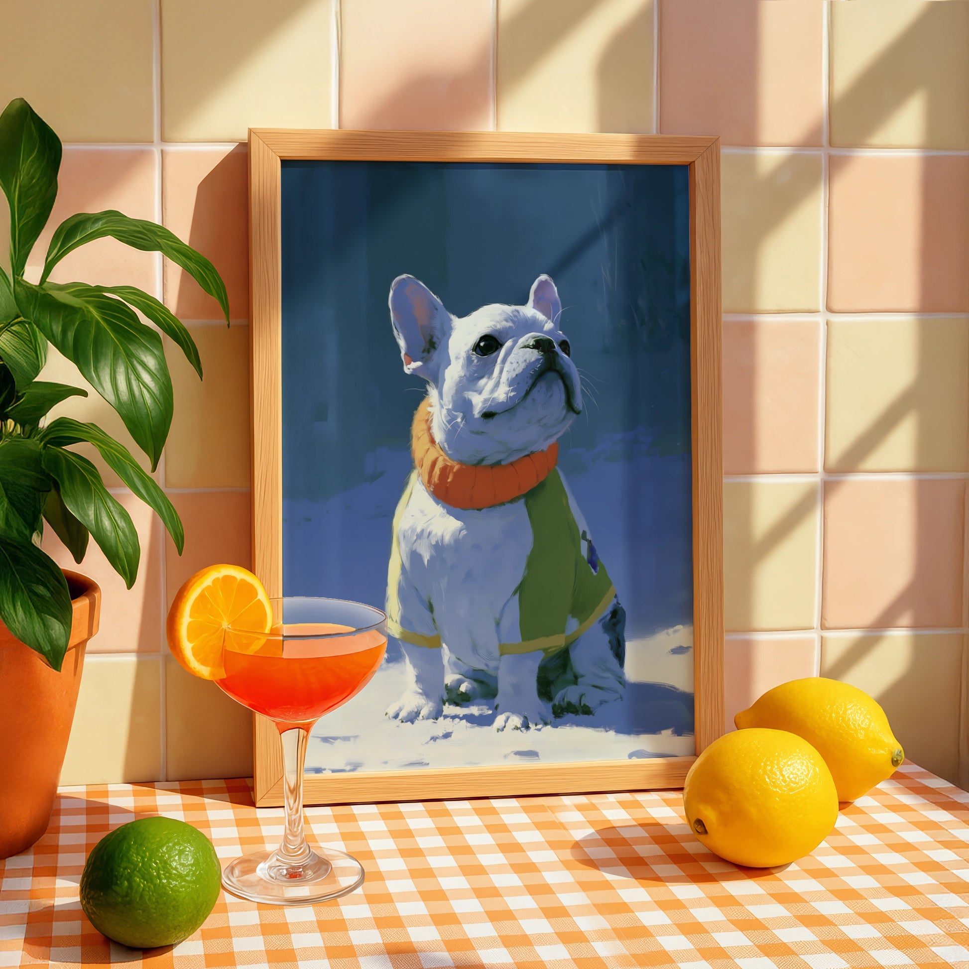 French Bulldog in Snow Wall Art Poster, Winter Dog Print, Illustrated Style