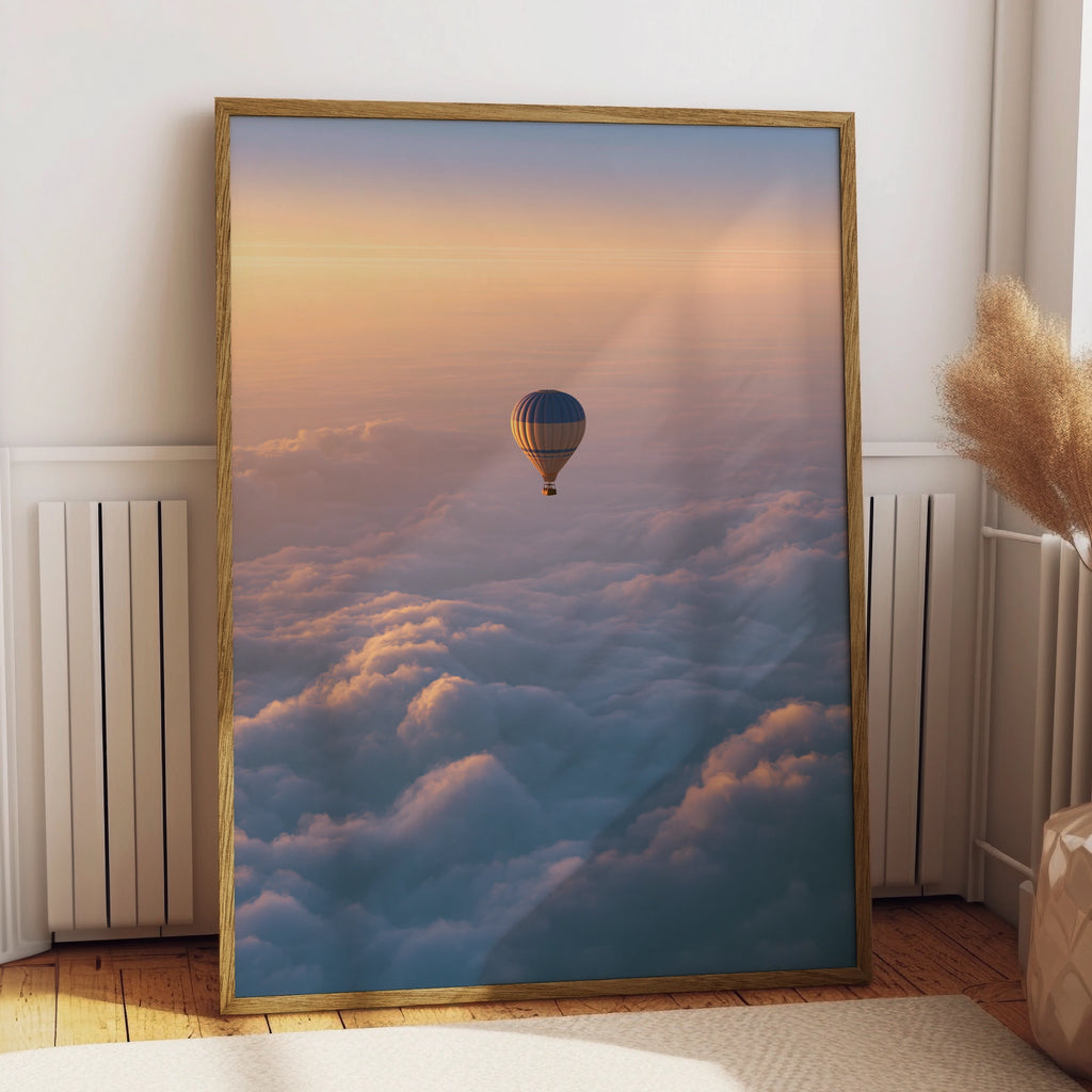 Hot Air Balloon Above Clouds Poster, Sunset Sky Wall Art Print