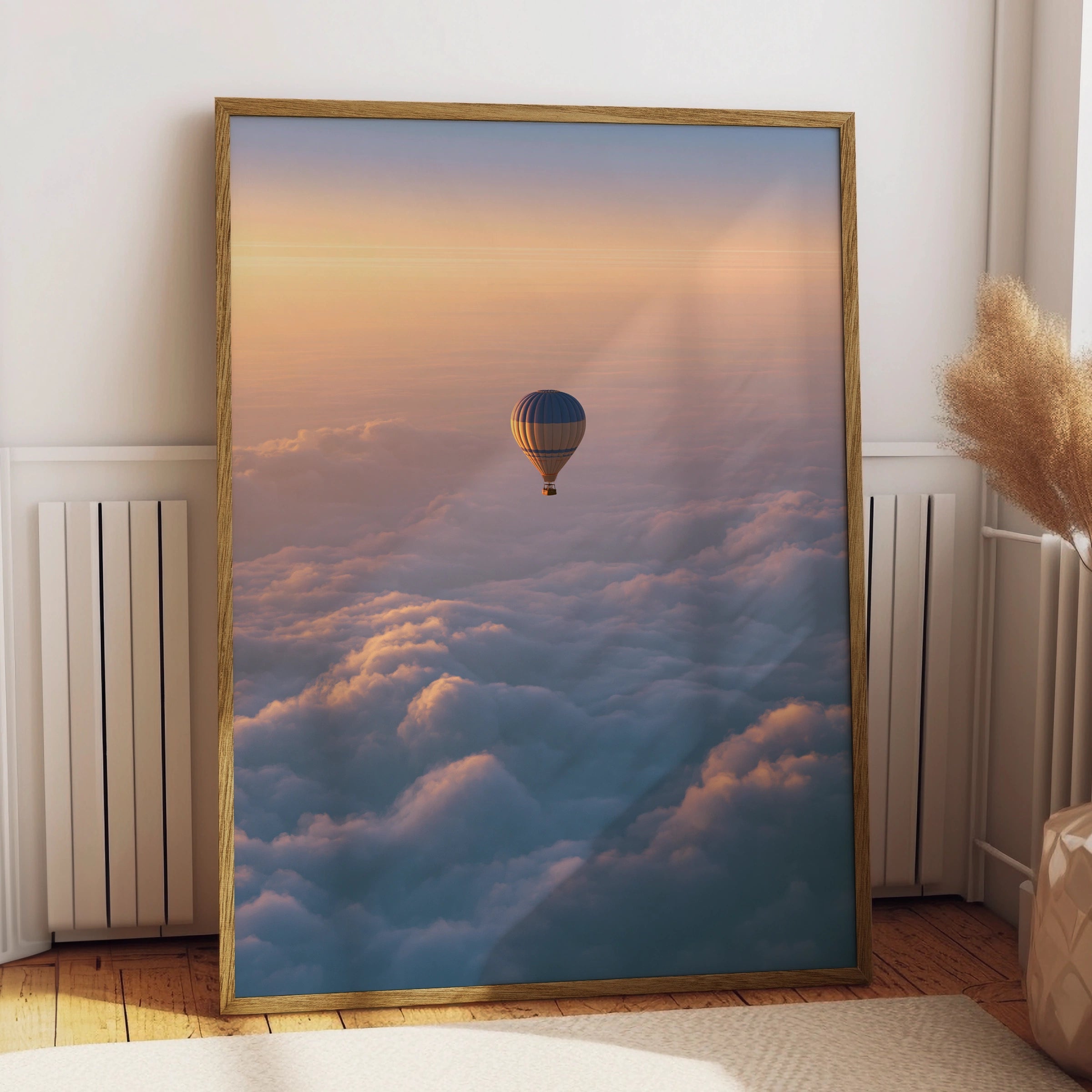 Hot Air Balloon Above Clouds Poster, Sunset Sky Wall Art Print