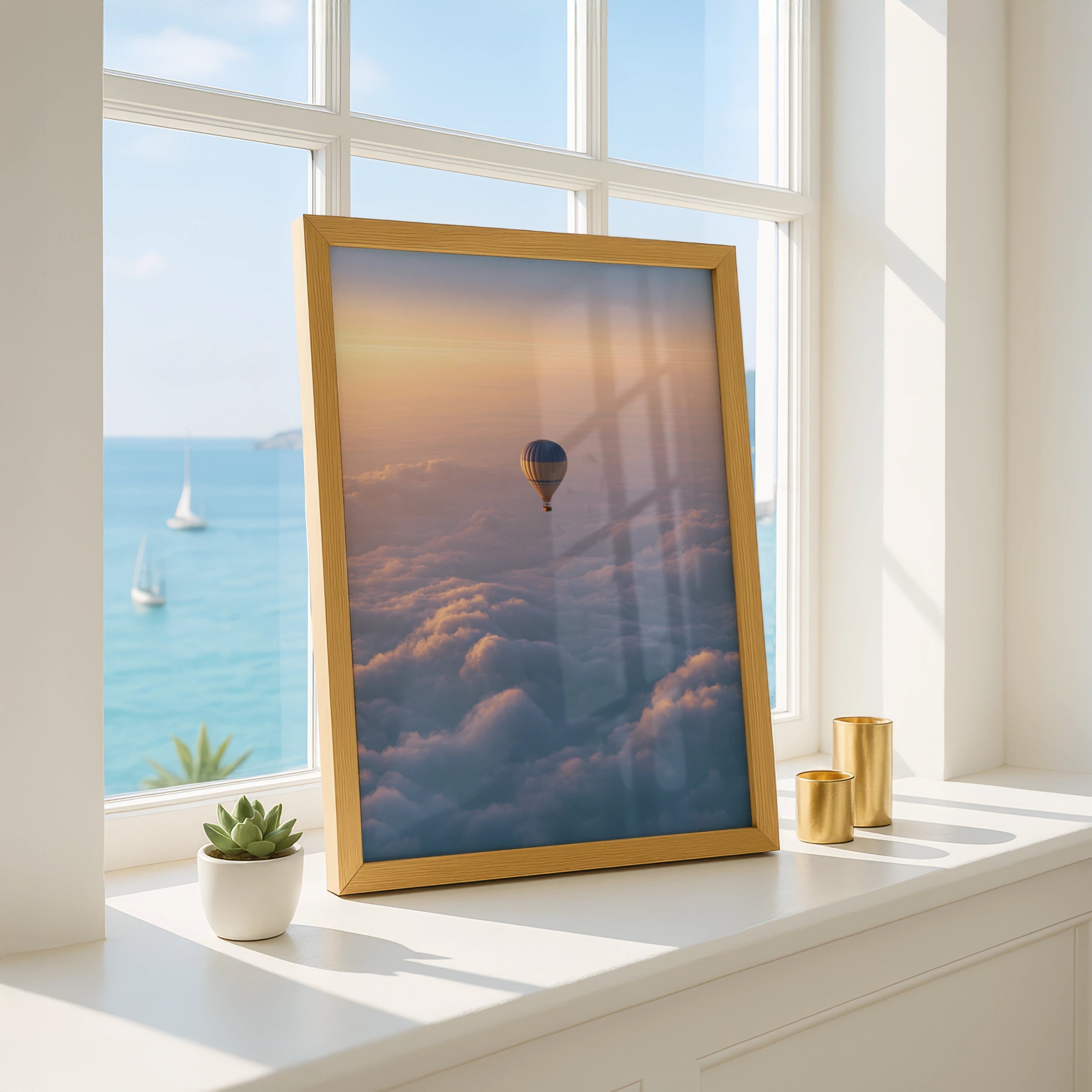 Hot Air Balloon Above Clouds Poster, Sunset Sky Wall Art Print