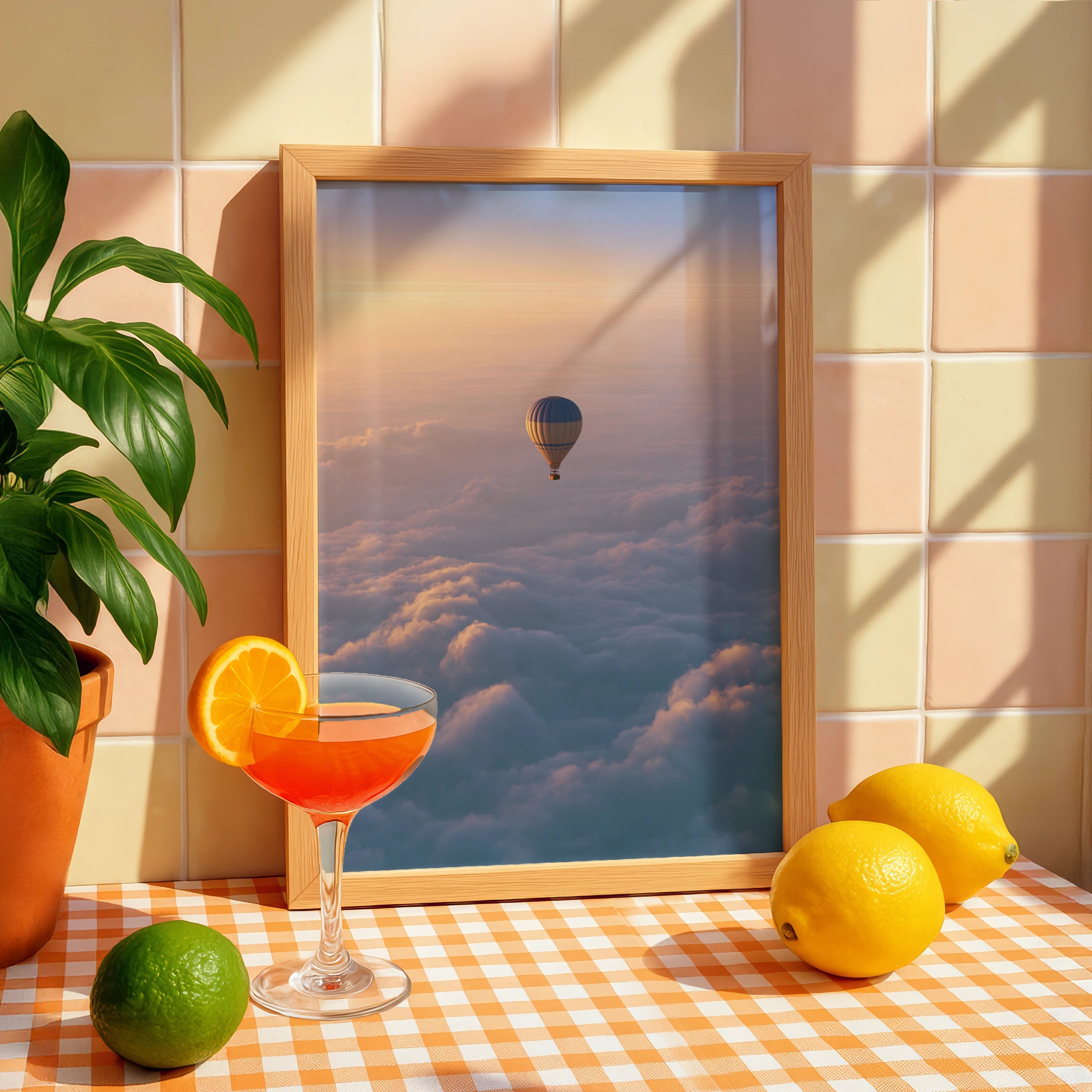 Hot Air Balloon Above Clouds Poster, Sunset Sky Wall Art Print