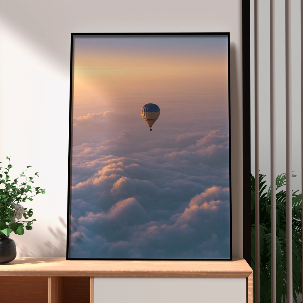 Hot Air Balloon Above Clouds Poster, Sunset Sky Wall Art Print