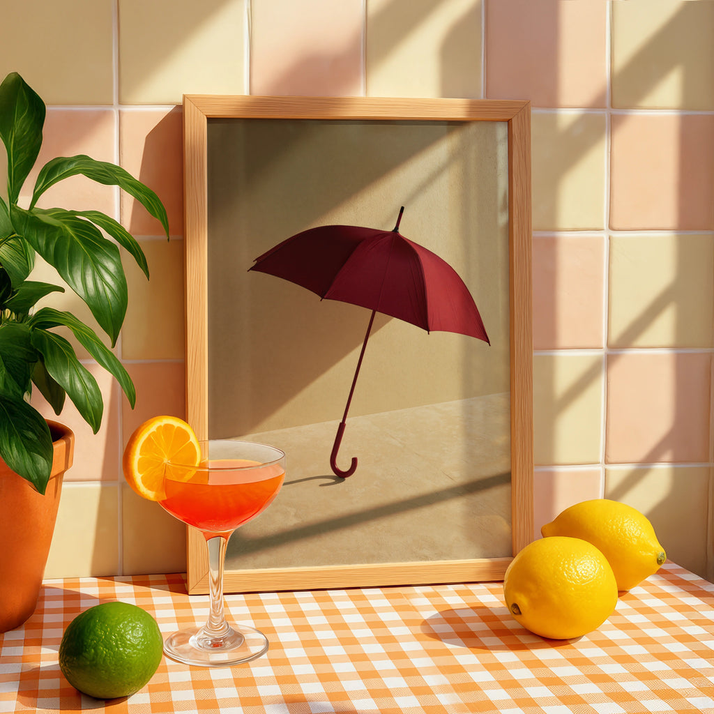 Red Umbrella Shadow Poster, Minimalist Still Life Print, Warm Tones