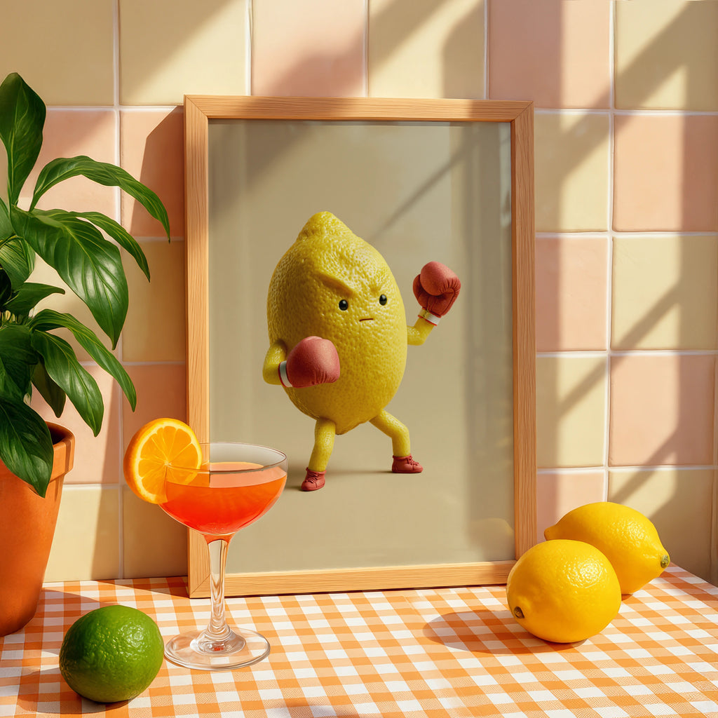 Fighting Lemon Boxing Poster, Funny Fruit Character Print, Bold Yellow Wall Art
