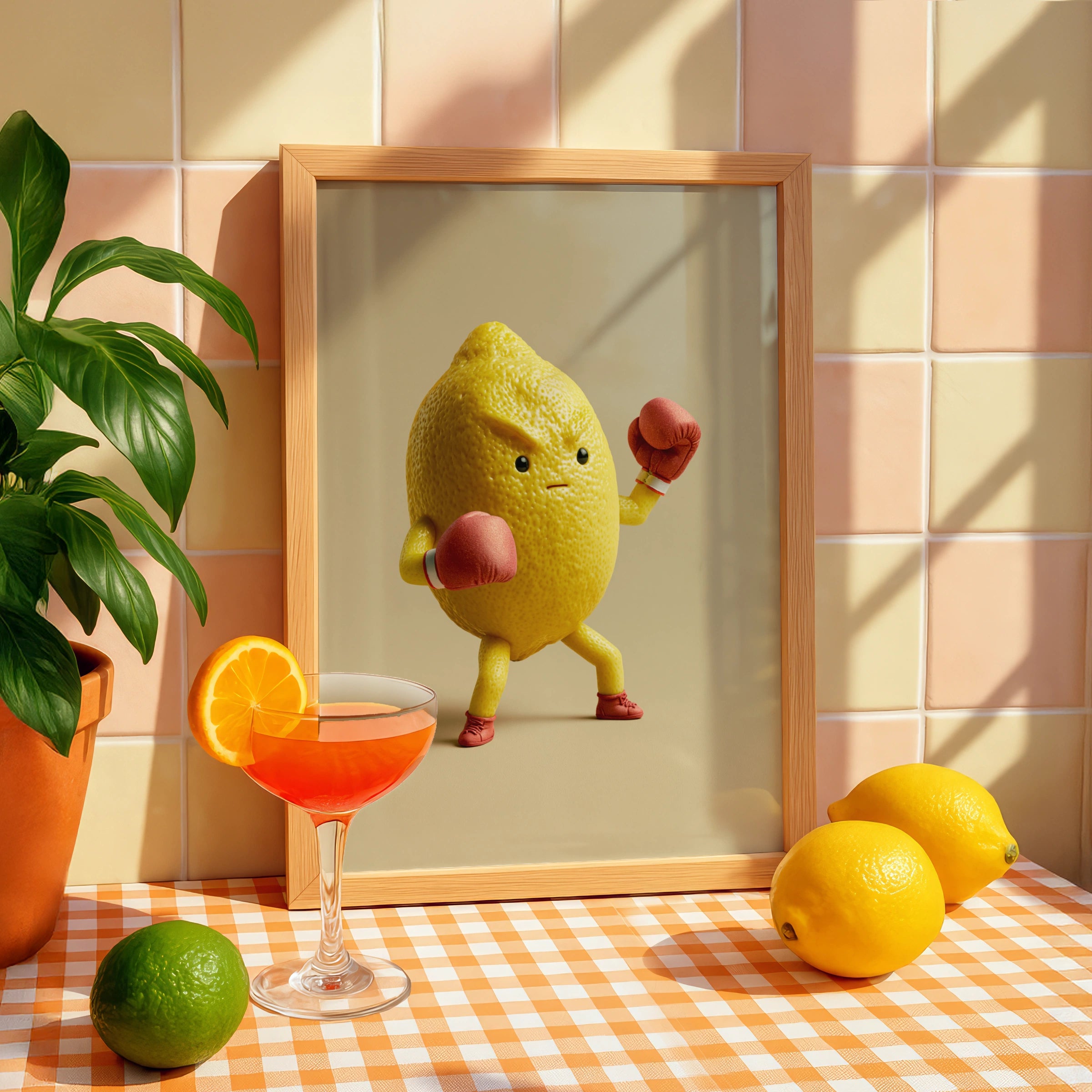 Fighting Lemon Boxing Poster, Funny Fruit Character Print, Bold Yellow Wall Art
