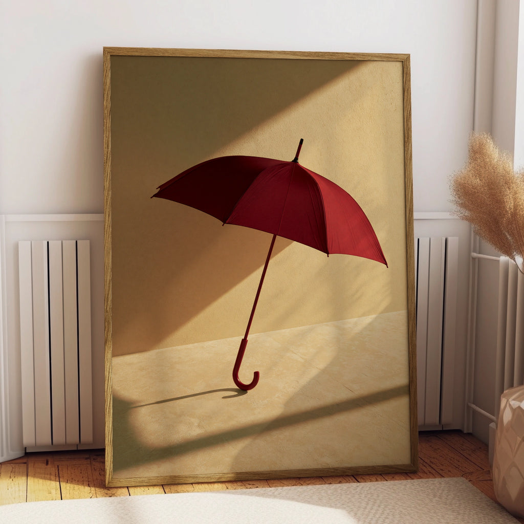 Red Umbrella Shadow Poster, Minimalist Still Life Print, Warm Tones