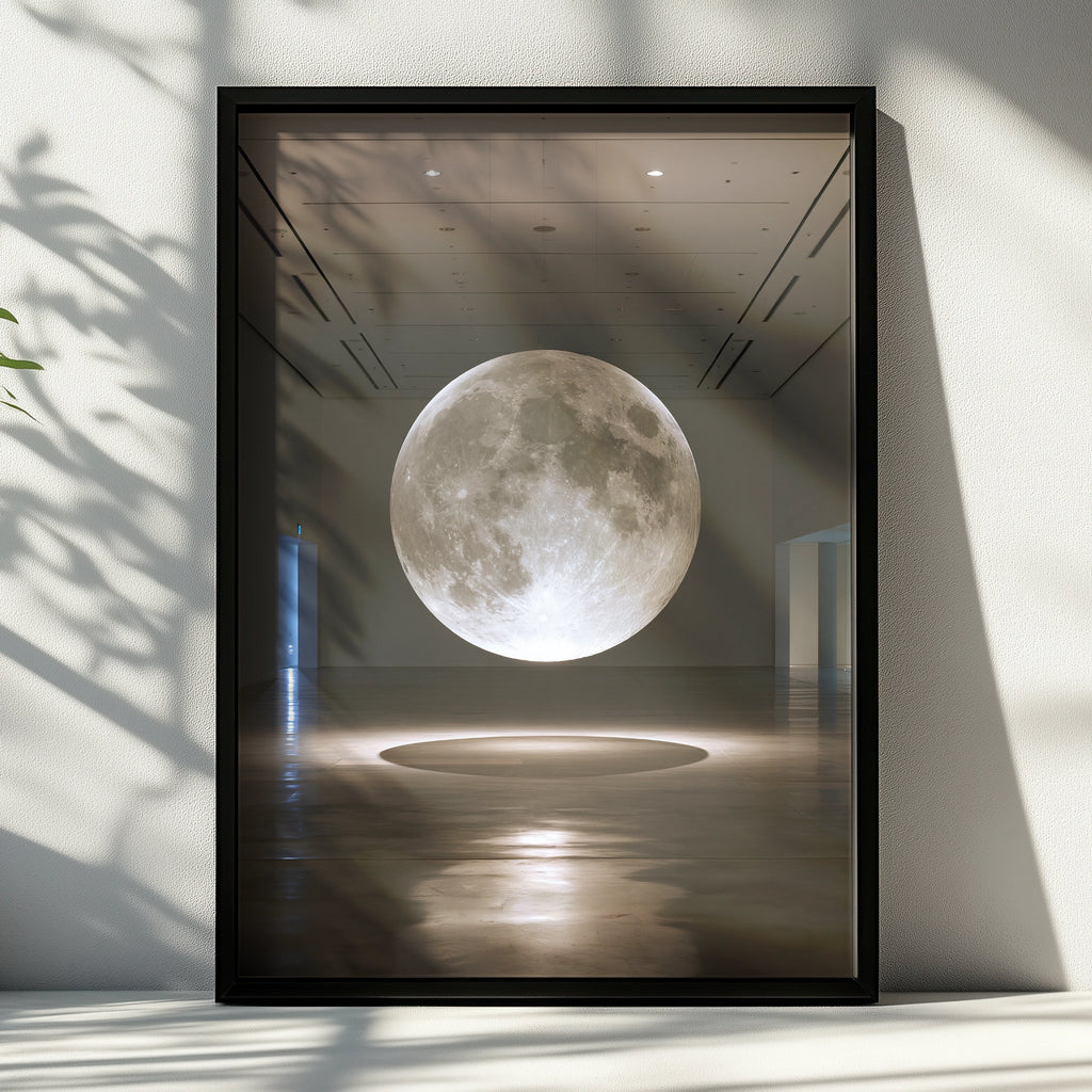 Suspended Moon Gallery Installation Poster, Lunar Art Print, Minimalist