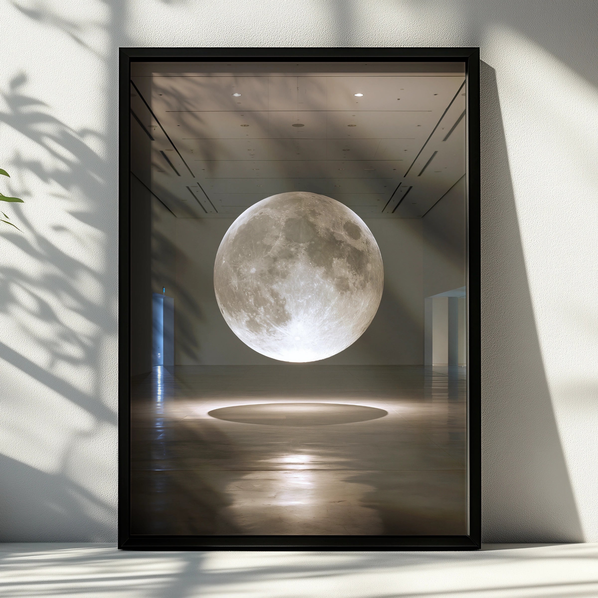 Suspended Moon Gallery Installation Poster, Lunar Art Print, Minimalist
