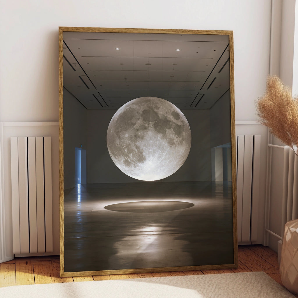 Suspended Moon Gallery Installation Poster, Lunar Art Print, Minimalist