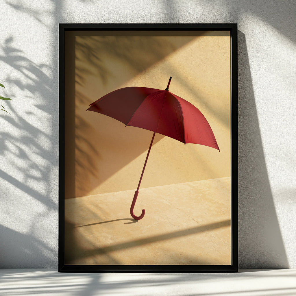 Red Umbrella Shadow Poster, Minimalist Still Life Print, Warm Tones