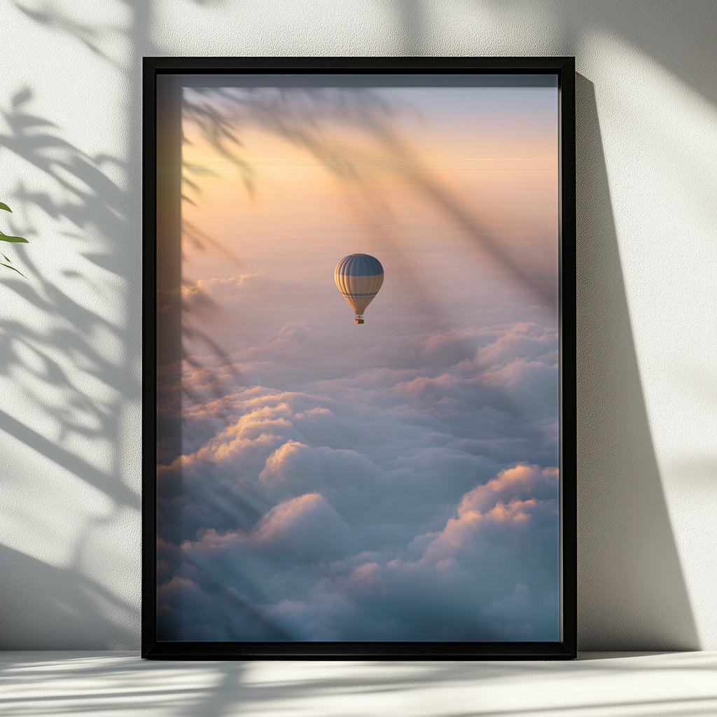 Hot Air Balloon Above Clouds Poster, Sunset Sky Wall Art Print