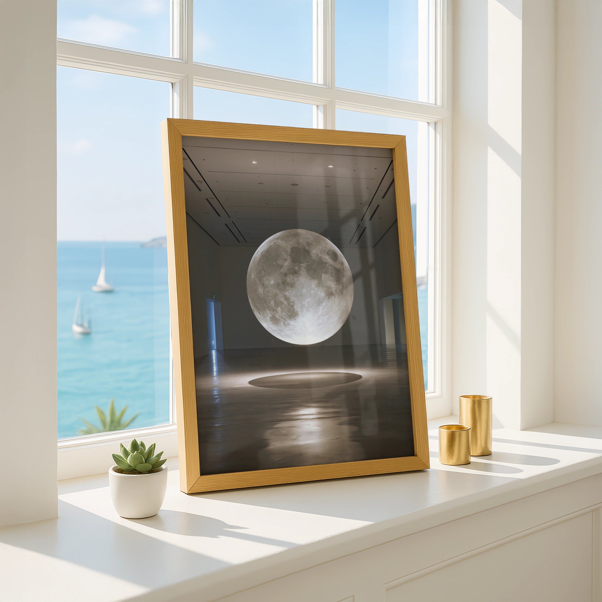 Suspended Moon Gallery Installation Poster, Lunar Art Print, Minimalist