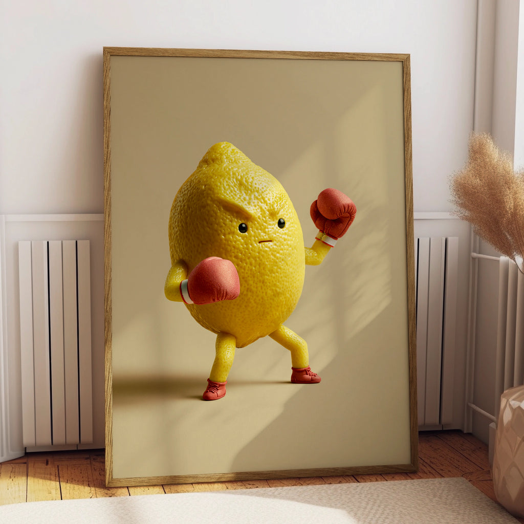 Fighting Lemon Boxing Poster, Funny Fruit Character Print, Bold Yellow Wall Art