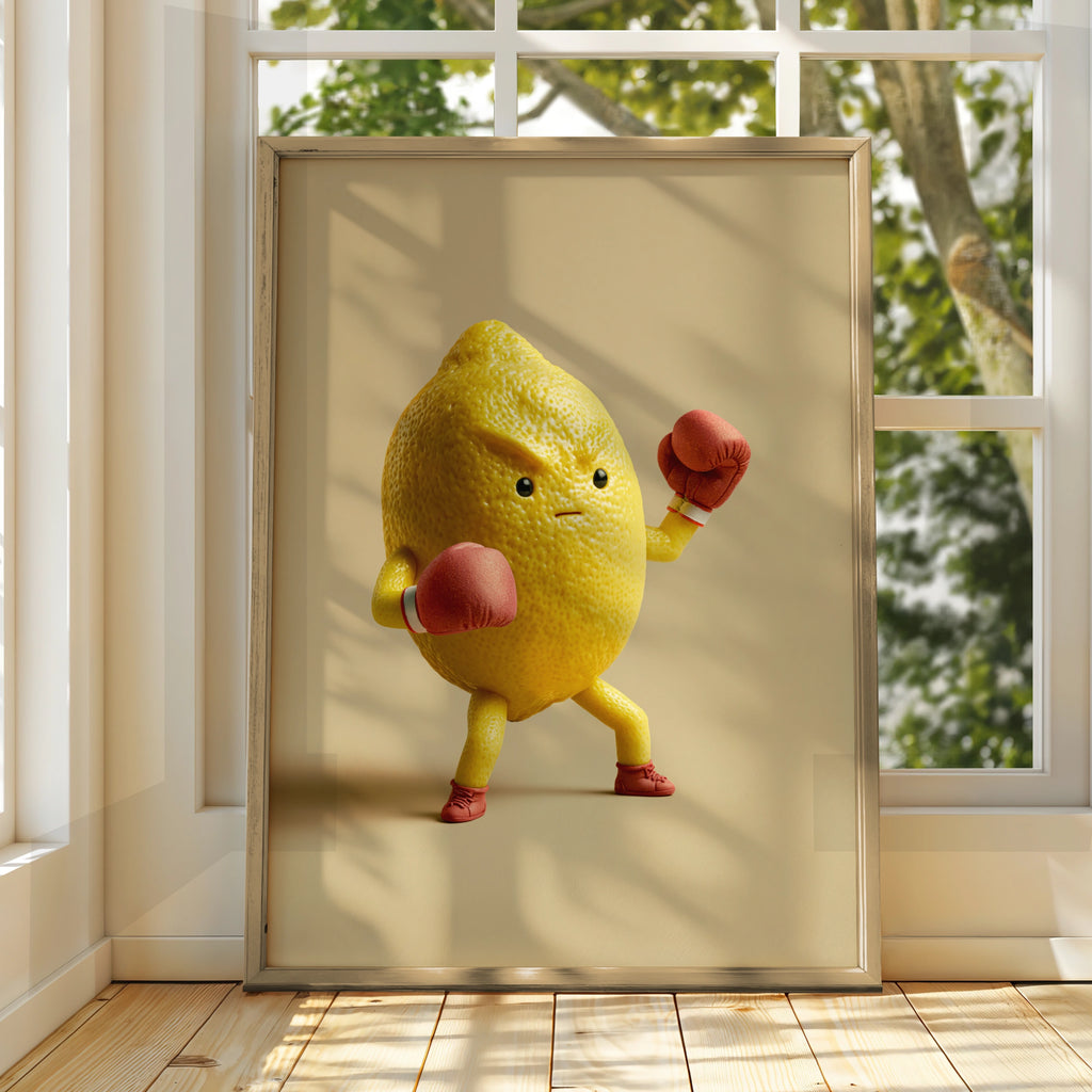 Fighting Lemon Boxing Poster, Funny Fruit Character Print, Bold Yellow Wall Art