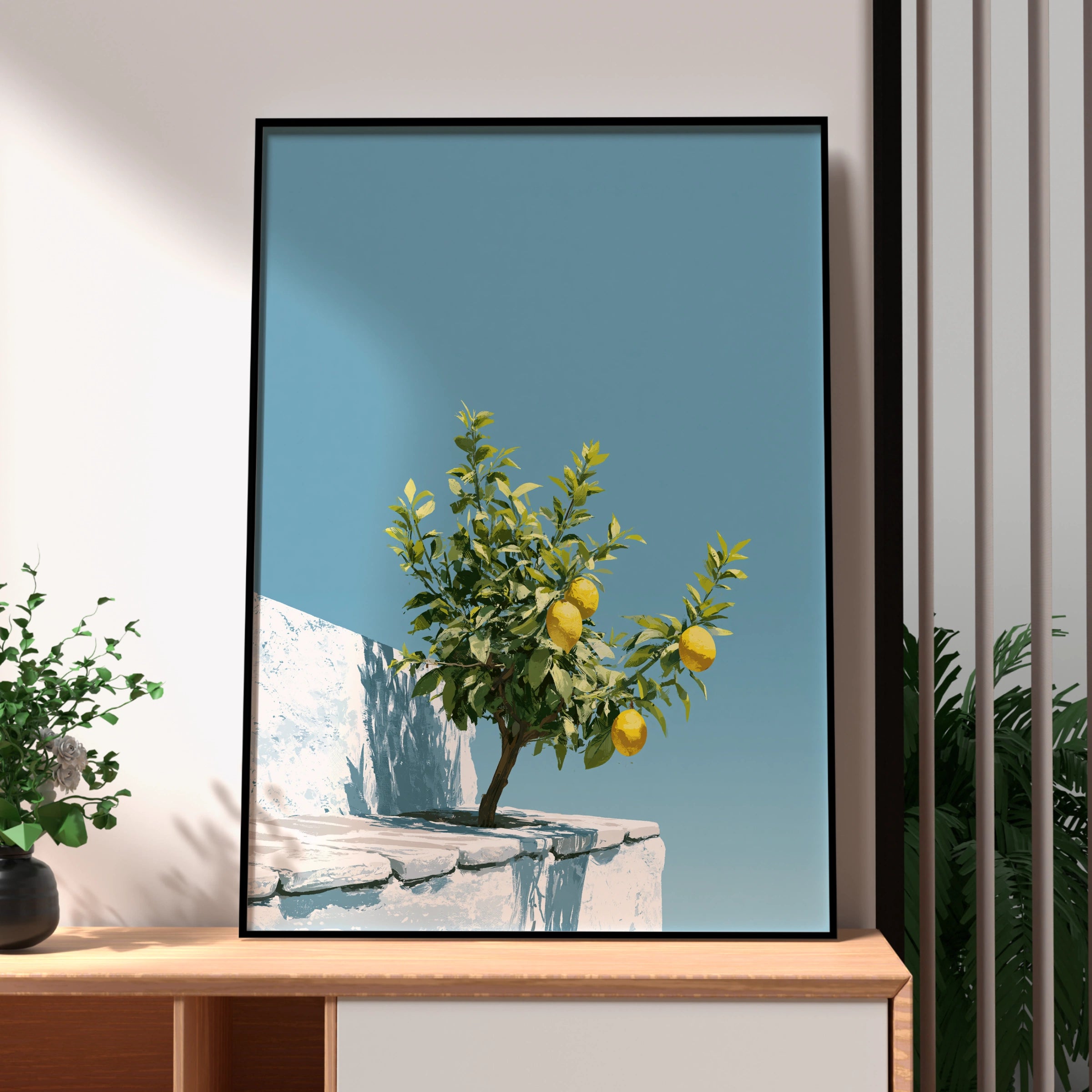 Lemon Tree Rooftop Wall Art Poster, Mediterranean Blue Sky Print